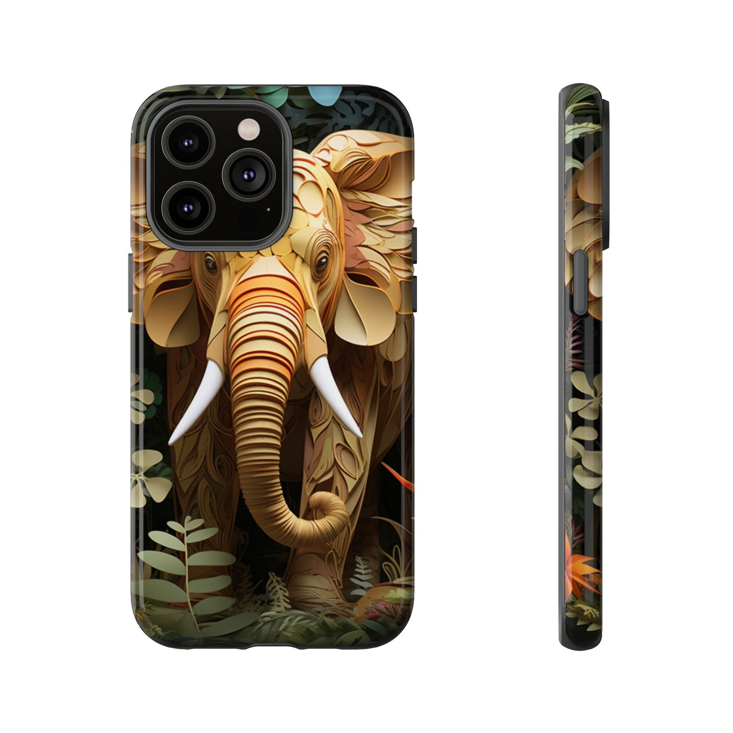 Golden Jungle Elephant Mobile Cover – Intricate Paper Art Design