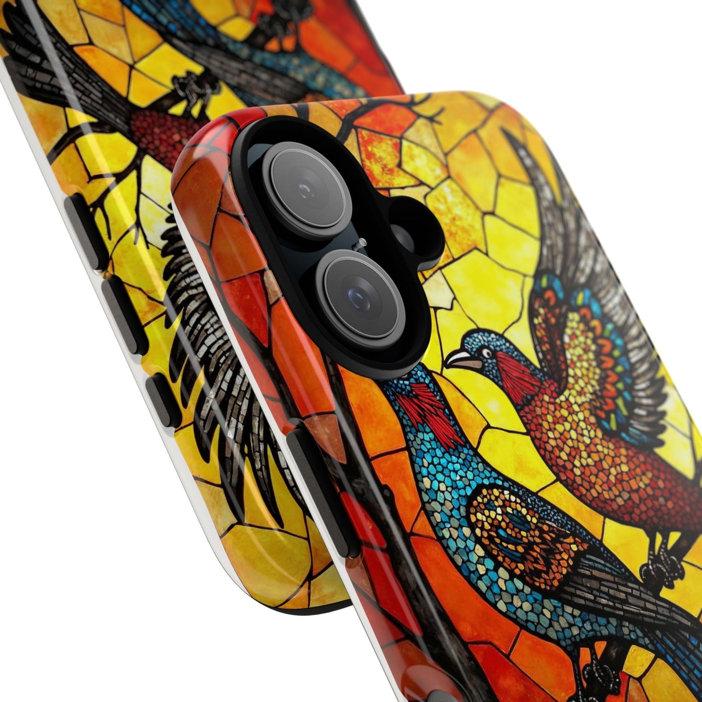 Vibrant Hummingbirds with Stained Glass Charm
