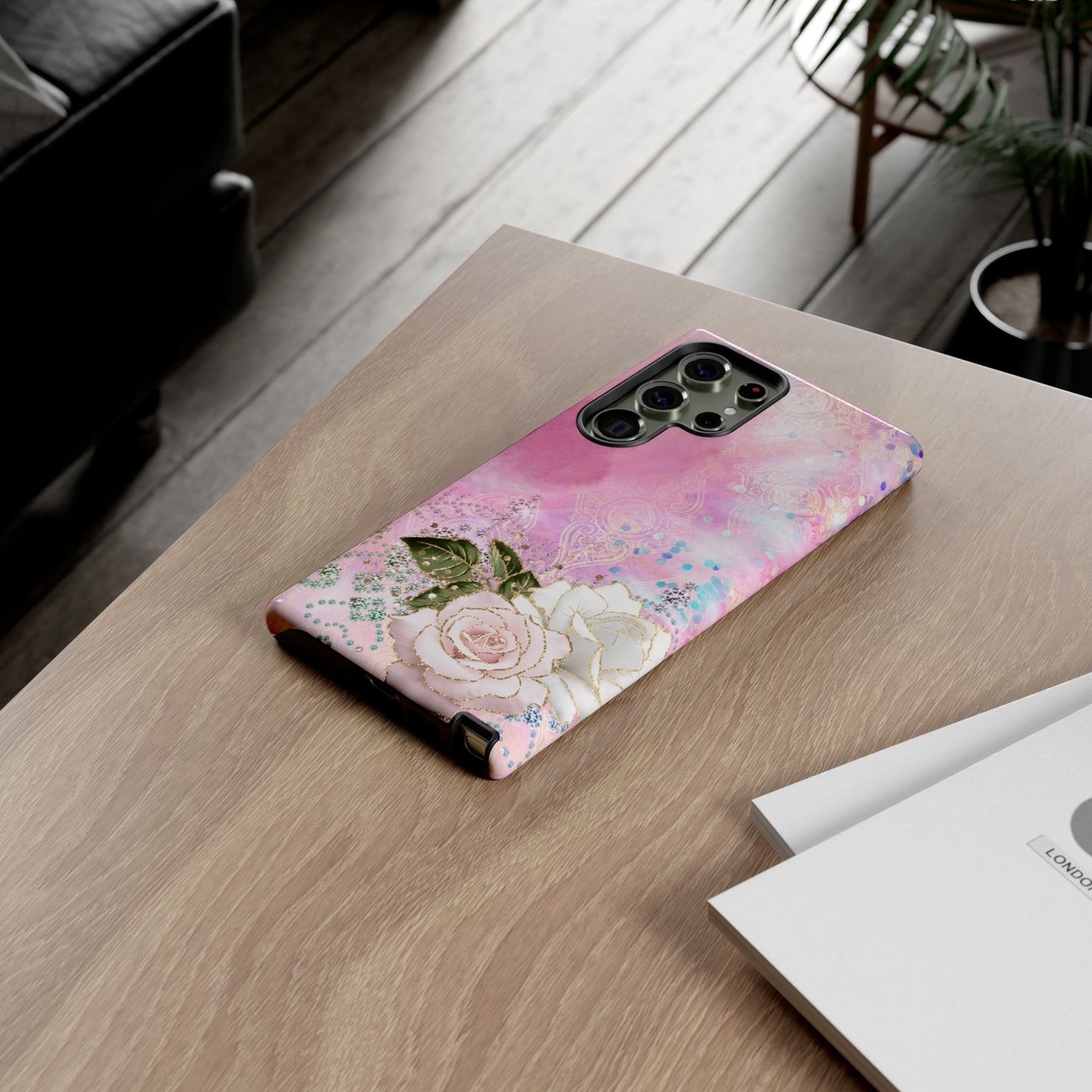 Luxury Pink & White Rose Glitter Mobile Case – Elegant & Shimmering Design