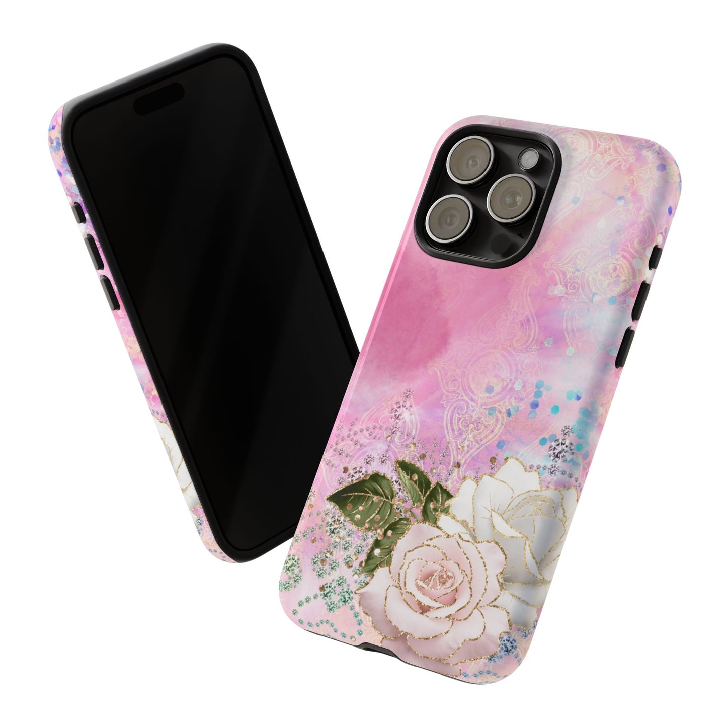 Luxury Pink & White Rose Glitter Mobile Case – Elegant & Shimmering Design