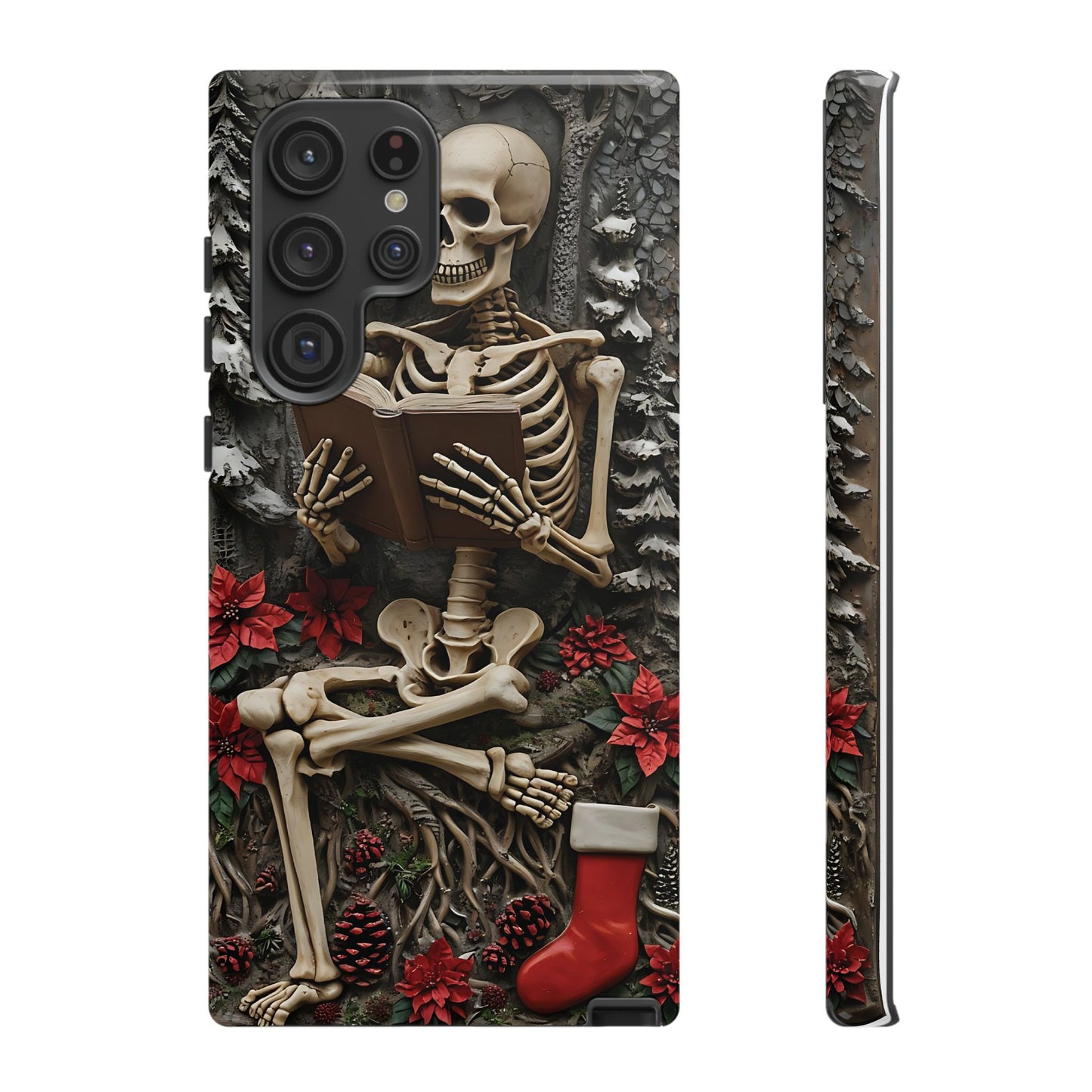 Surreal Relief Sculpture of Skeleton Reading Amidst Festive Decor phone case design