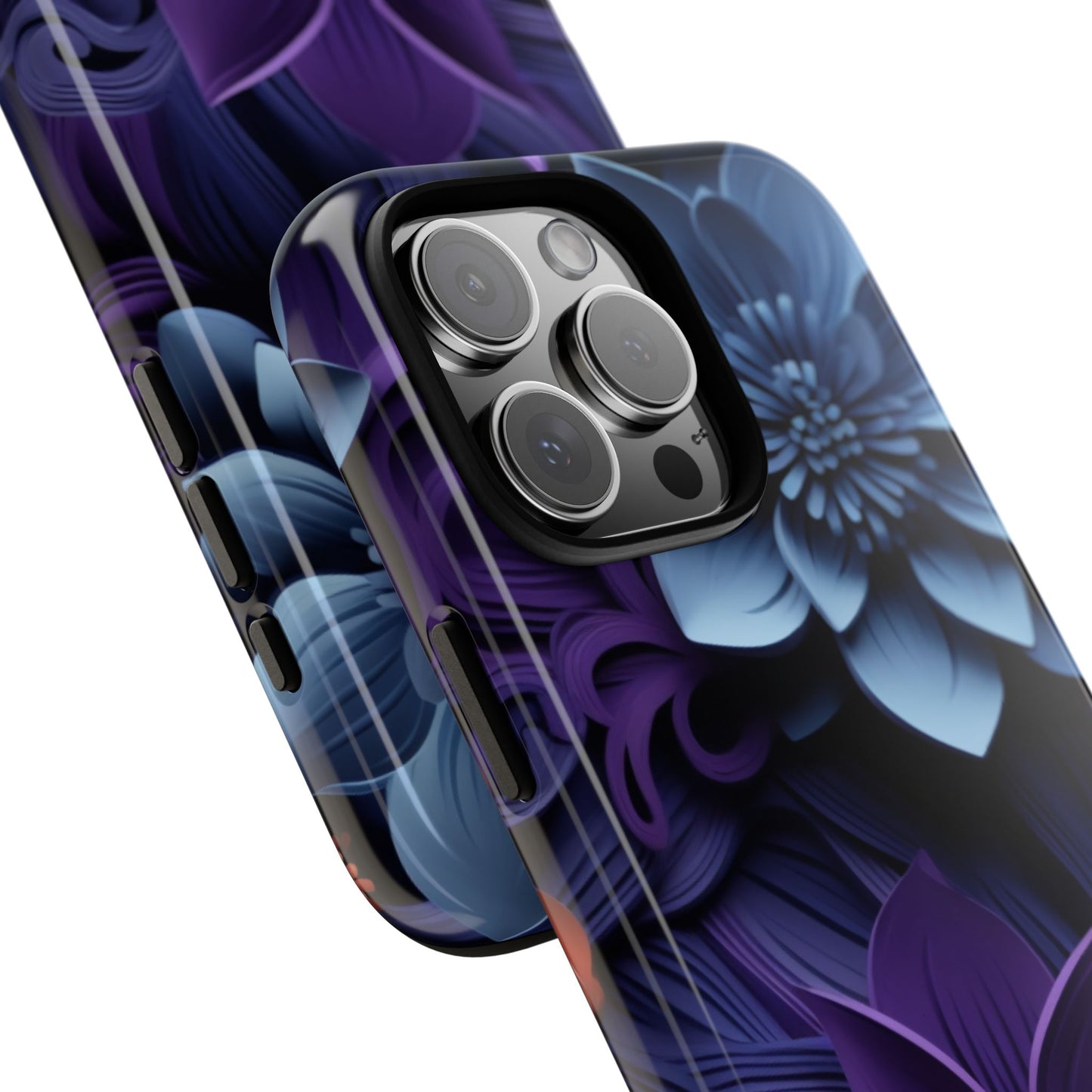3D Floral Elegance Mobile Case – Midnight Blue & Purple Bloom