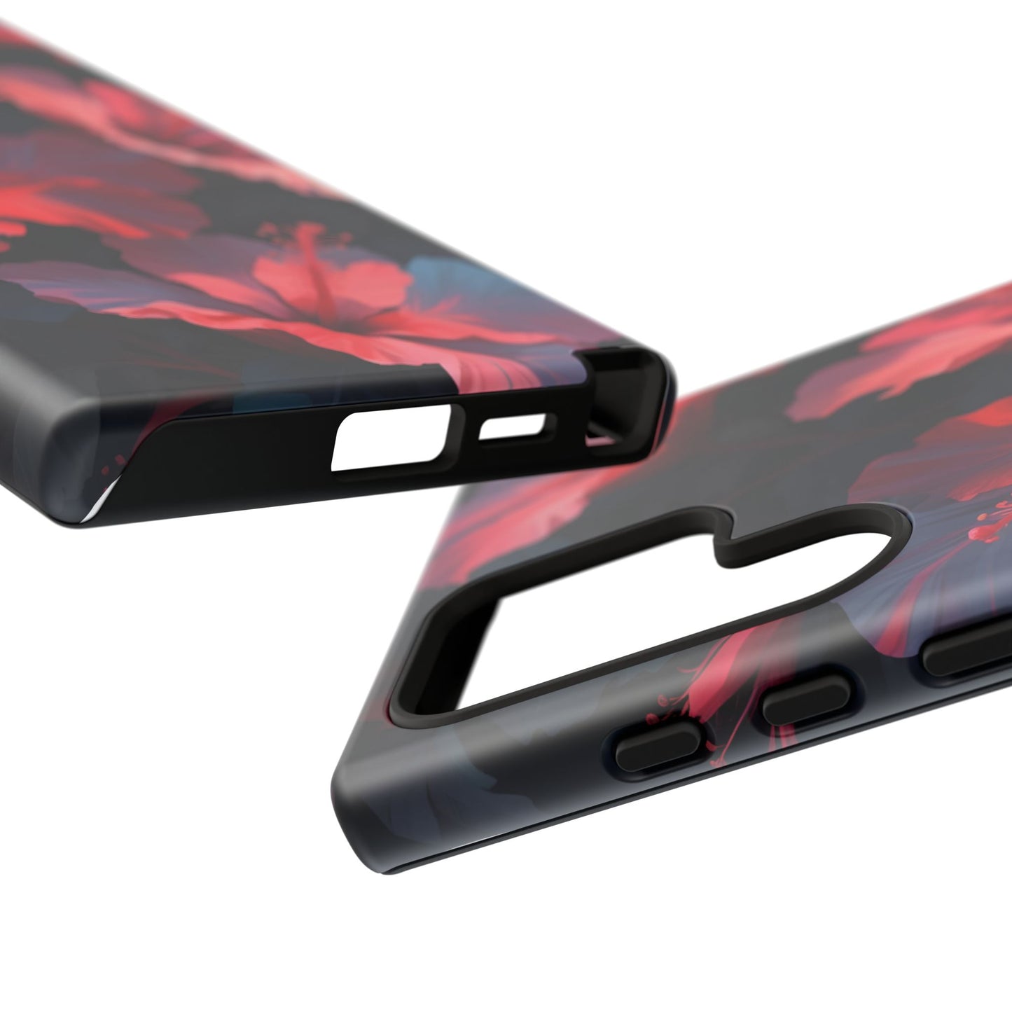 Vibrant red and pink hibiscus flowers blooming against a dark background| Floral phone case design