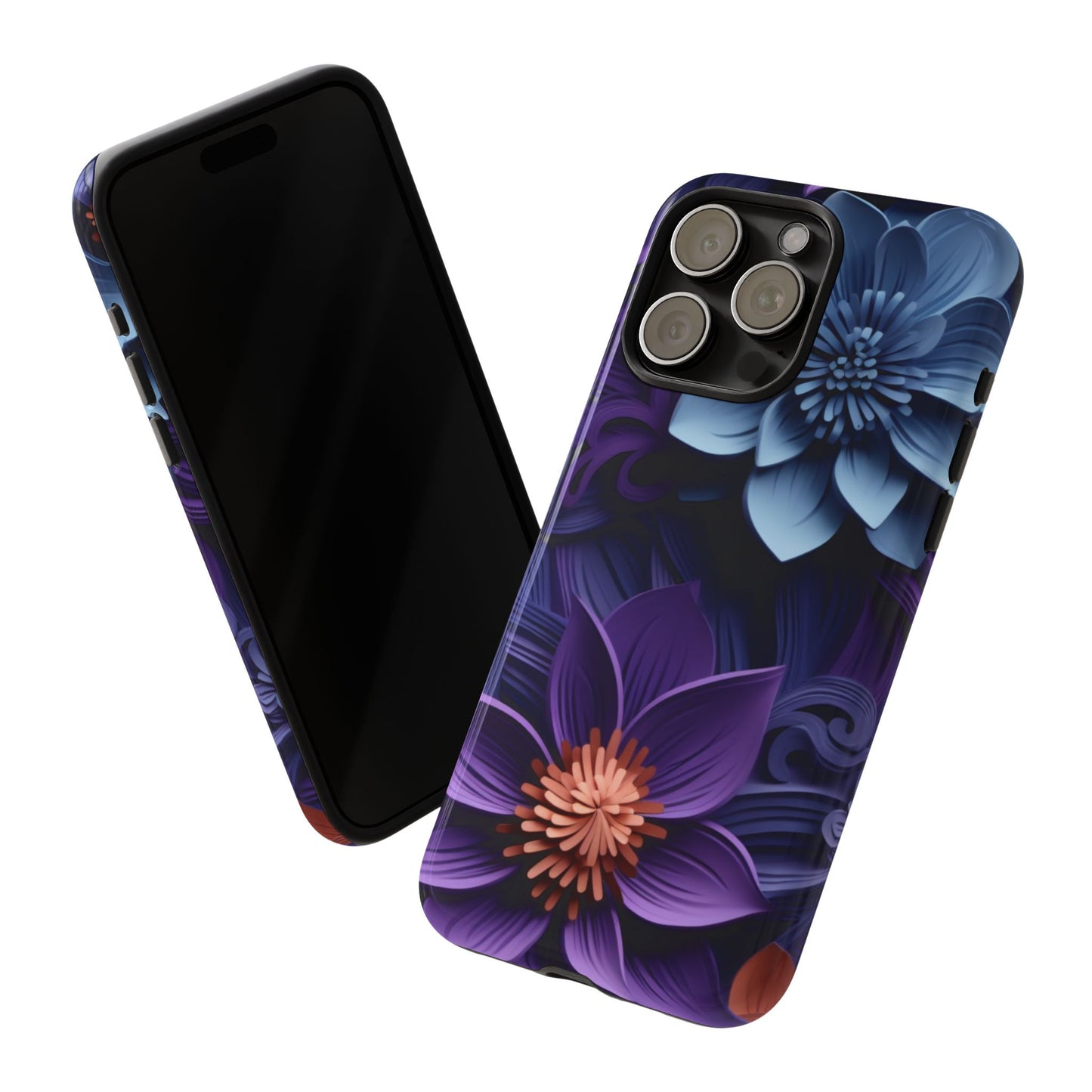 3D Floral Elegance Mobile Case – Midnight Blue & Purple Bloom