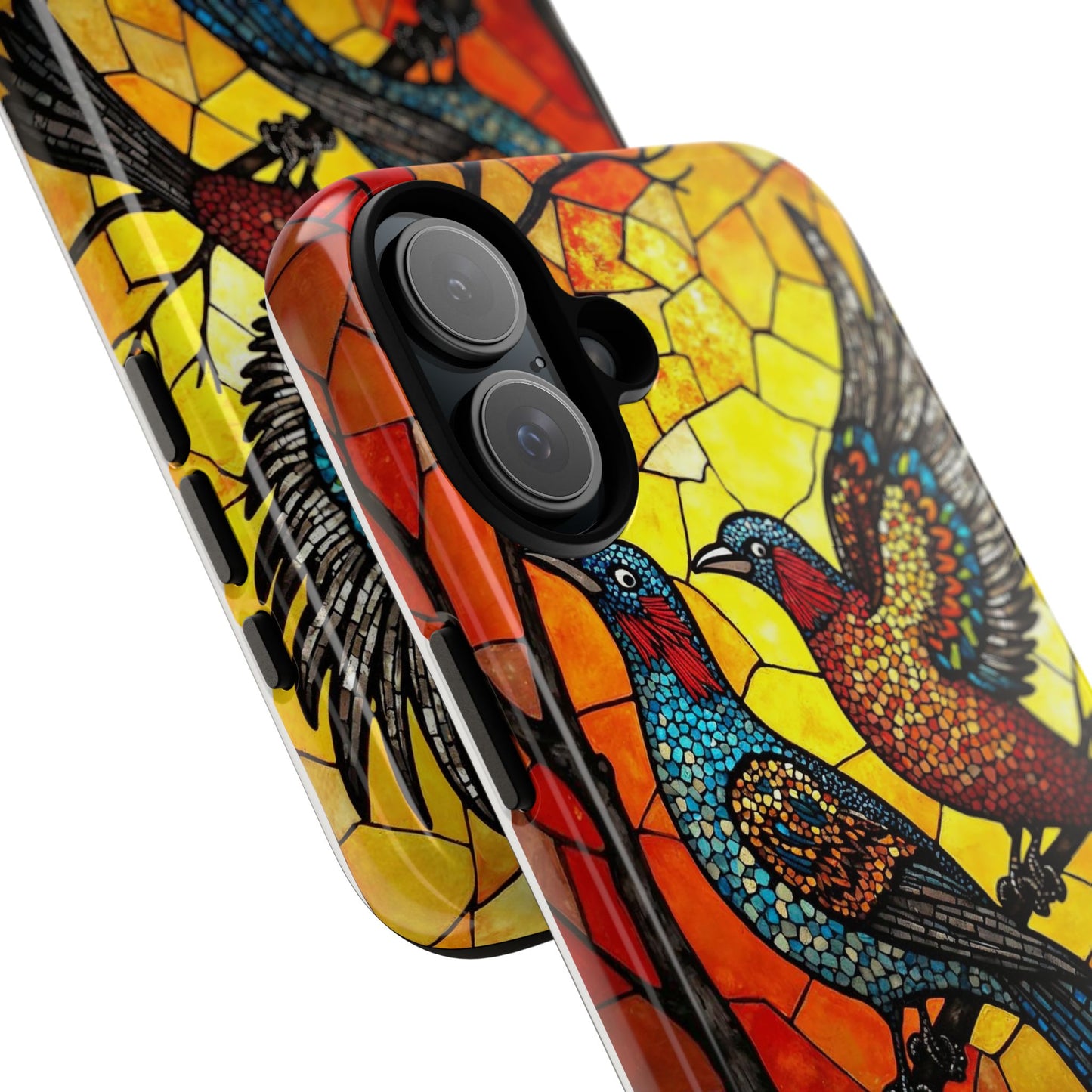 Vibrant Hummingbirds with Stained Glass Charm