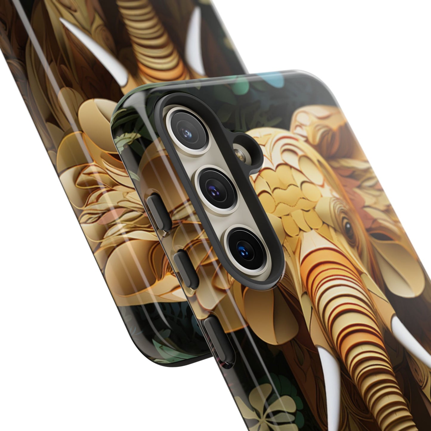 Golden Jungle Elephant Mobile Cover – Intricate Paper Art Design