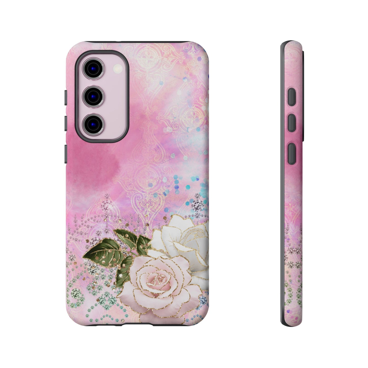 Luxury Pink & White Rose Glitter Mobile Case – Elegant & Shimmering Design