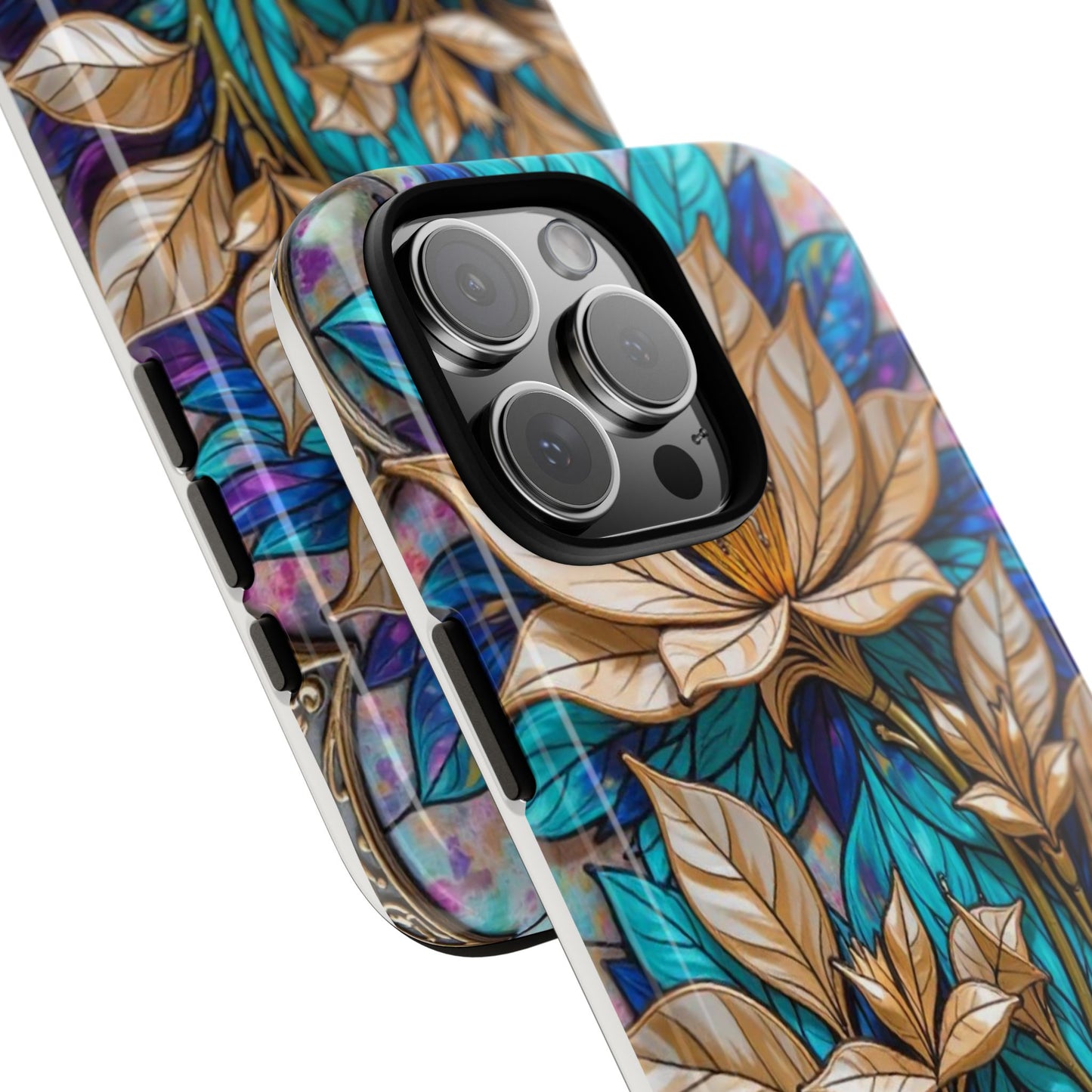 Majestic Golden Blossoms on Mosaic Blue Splendor