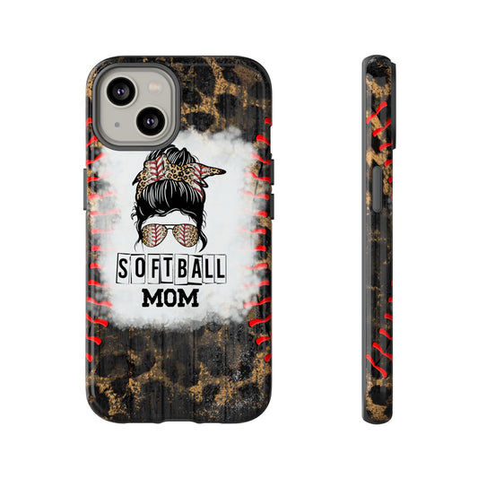 Softball Mom Phone Case for iPhone, Samsung & Google Pixel, Messy Bun Phone Case, Leopard Print Phone Case, Sports Lover Gift