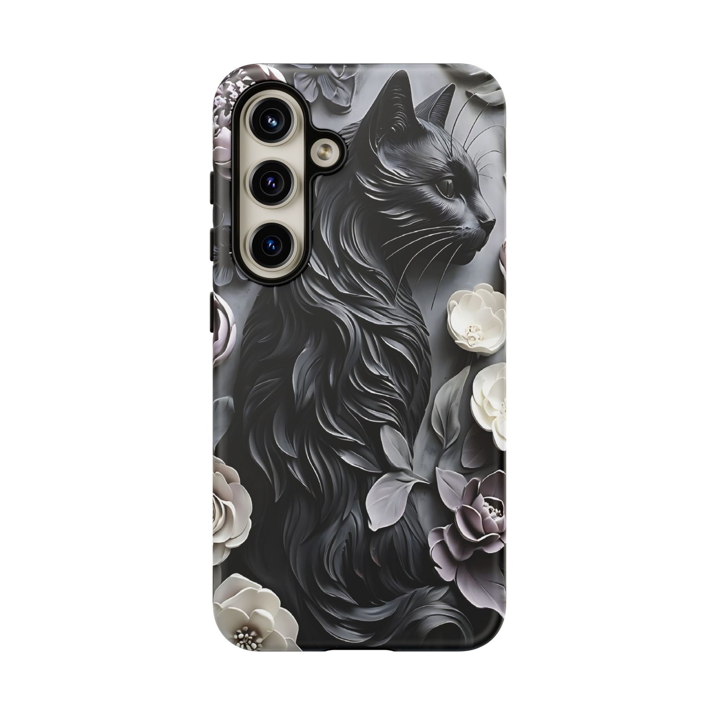 Intricate Bas-Relief Sculpture Of Black Cat Among Flowers phone case design