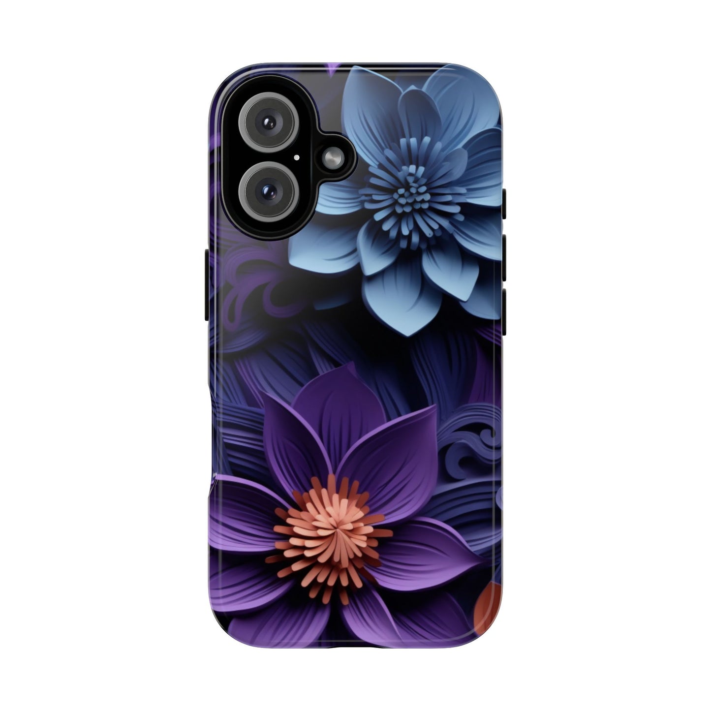 3D Floral Elegance Mobile Case – Midnight Blue & Purple Bloom