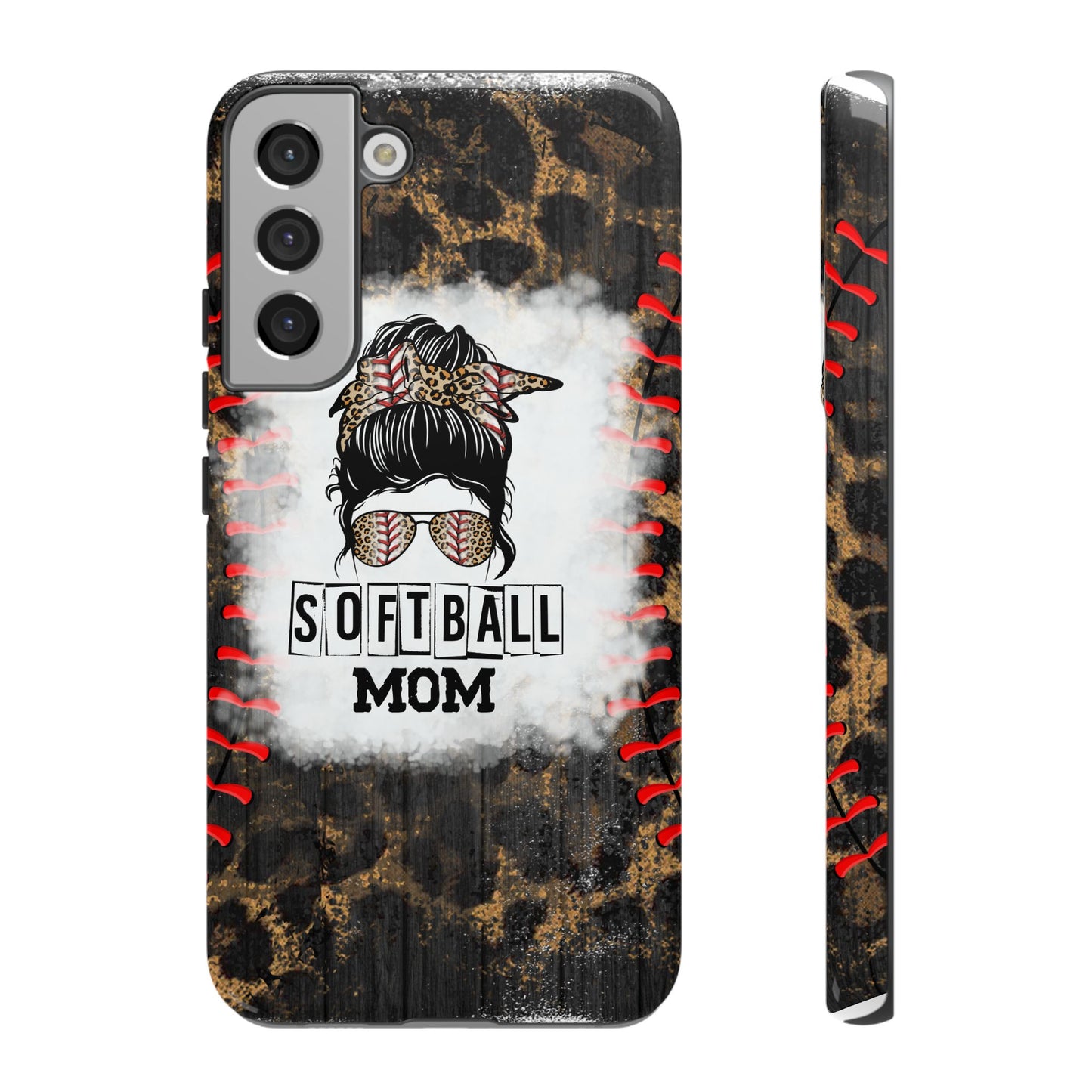 Softball Mom Phone Case for iPhone, Samsung & Google Pixel, Messy Bun Phone Case, Leopard Print Phone Case, Sports Lover Gift