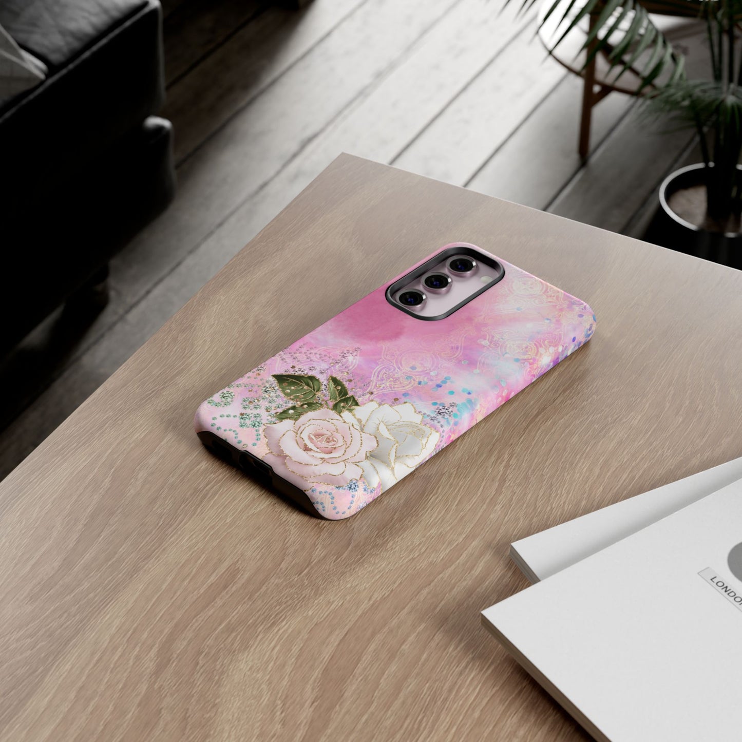 Luxury Pink & White Rose Glitter Mobile Case – Elegant & Shimmering Design