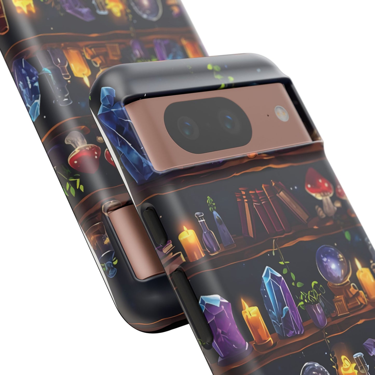Fantasy Seamless Pattern Of Wooden Shelves Filled With Mystical Items phone case design.