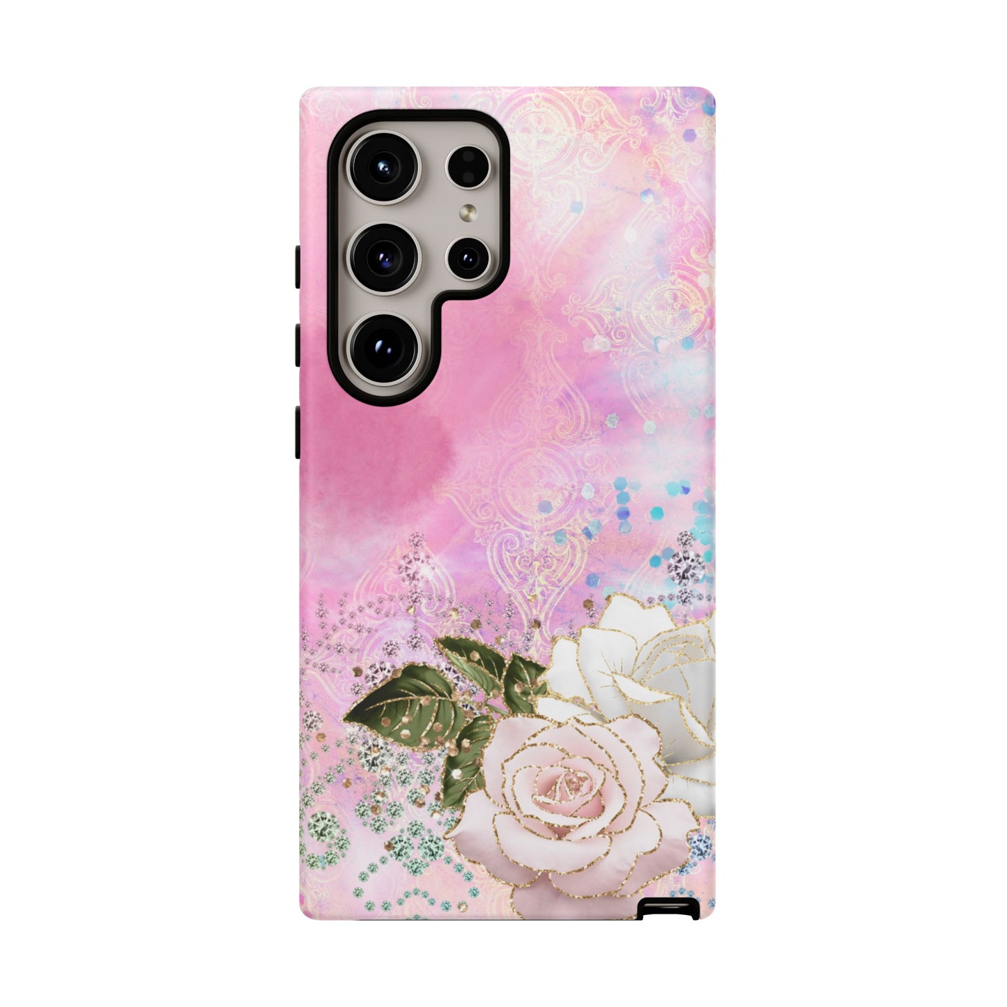 Luxury Pink & White Rose Glitter Mobile Case – Elegant & Shimmering Design