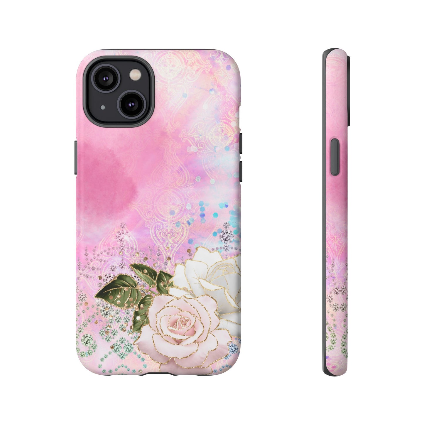 Luxury Pink & White Rose Glitter Mobile Case – Elegant & Shimmering Design