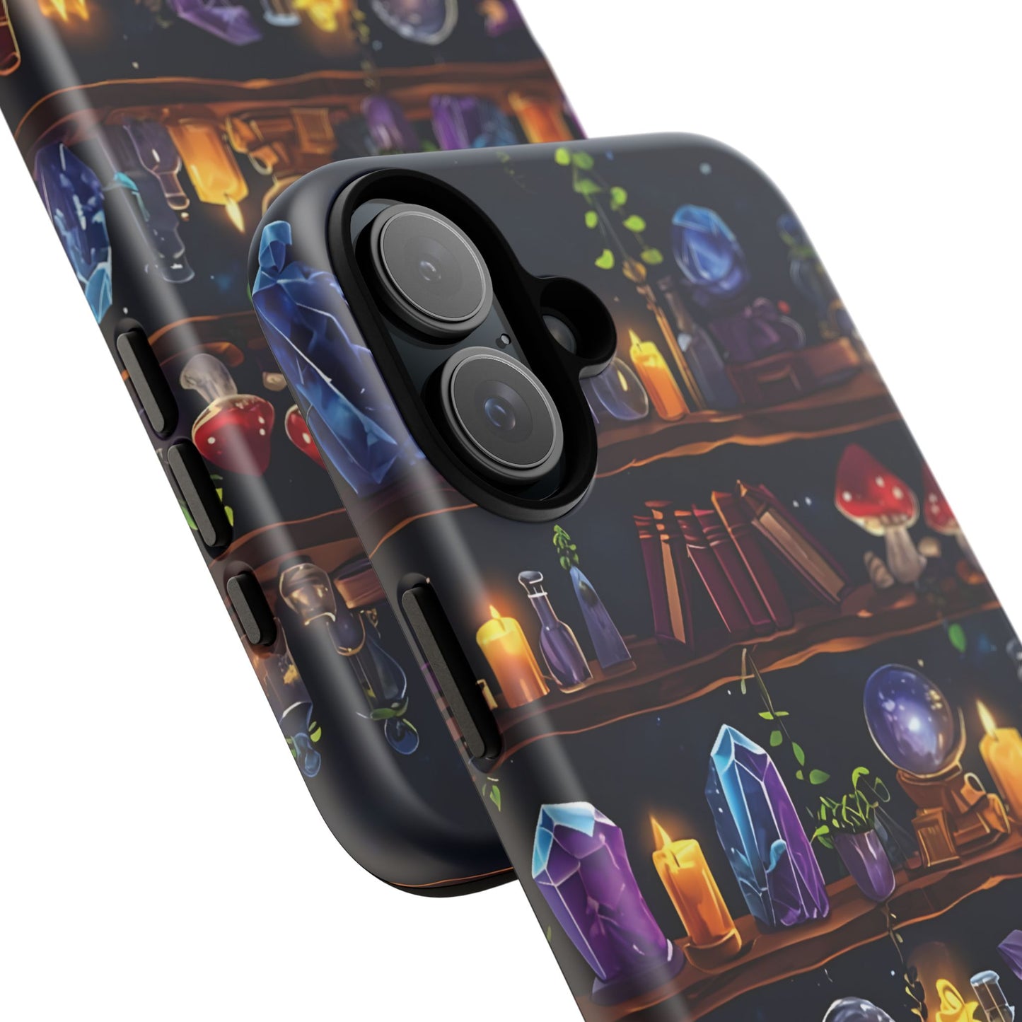 Fantasy Seamless Pattern Of Wooden Shelves Filled With Mystical Items phone case design.