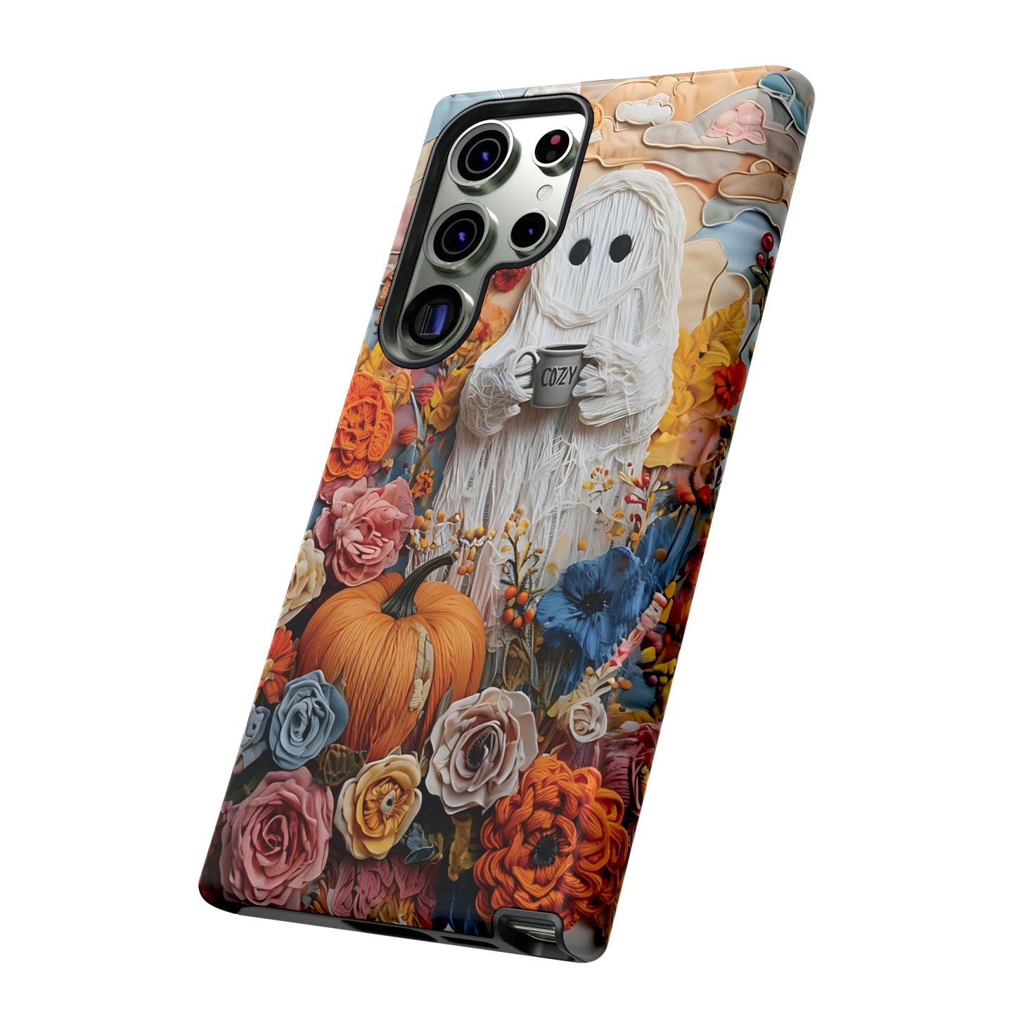 Colorful Whimsical Artwork of Ghost in Autumn Scene phone case design.