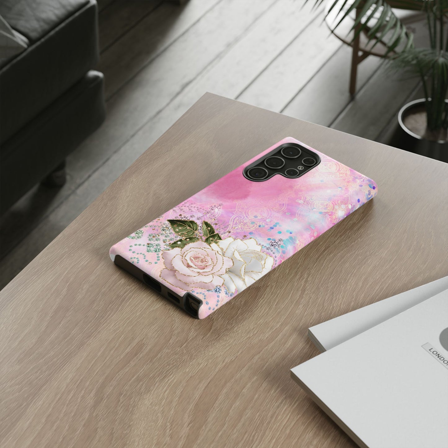Luxury Pink & White Rose Glitter Mobile Case – Elegant & Shimmering Design