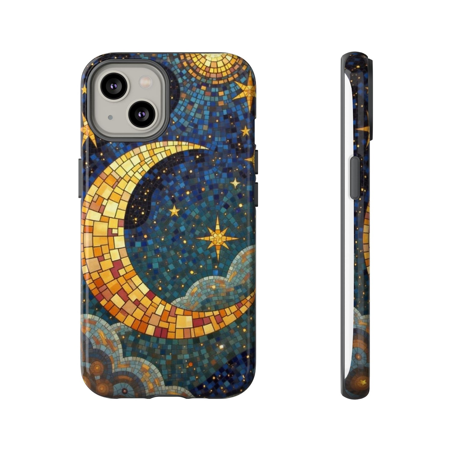 Golden Crescent: Mosaic Moon and Starry Night