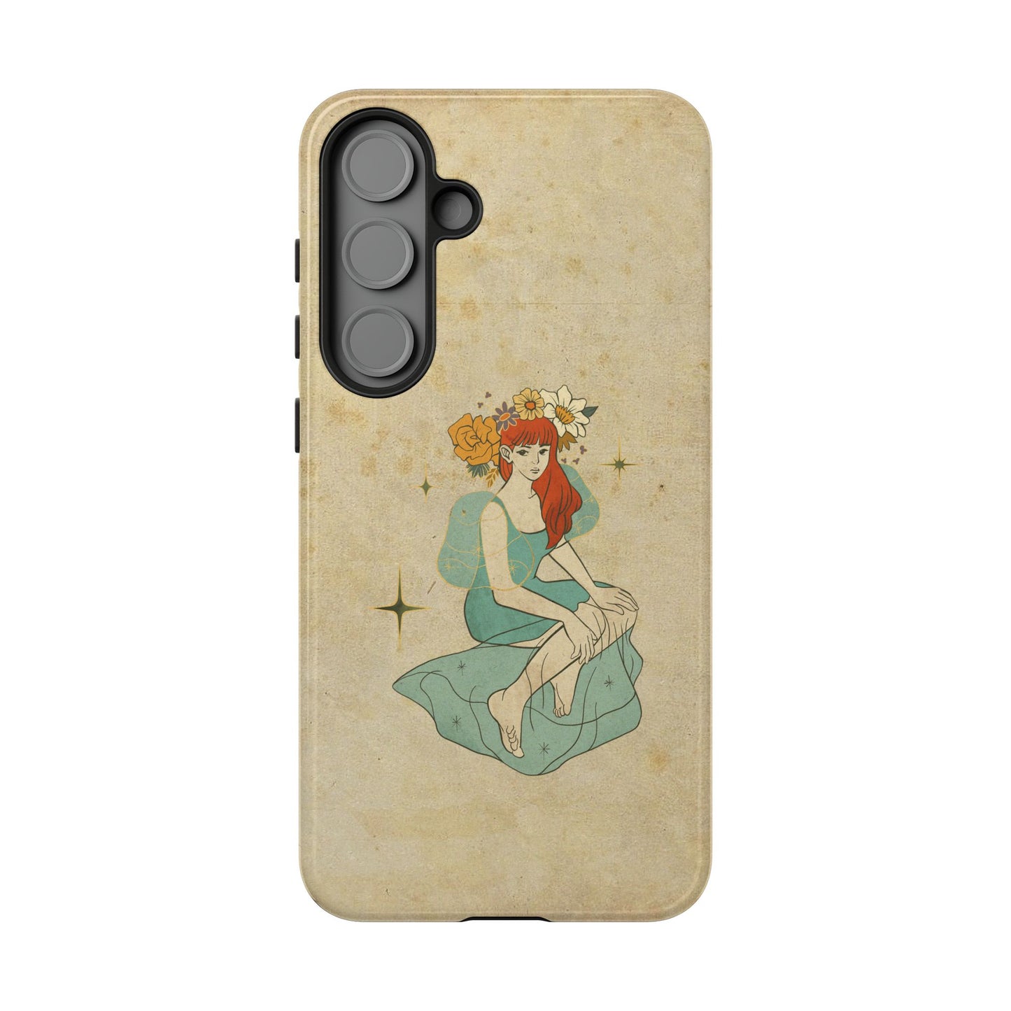 Vintage Aesthetic Phone Case – Cute Girl with Flower Crown | Minimal Beige Cover for iPhone, Samsung & Pixel