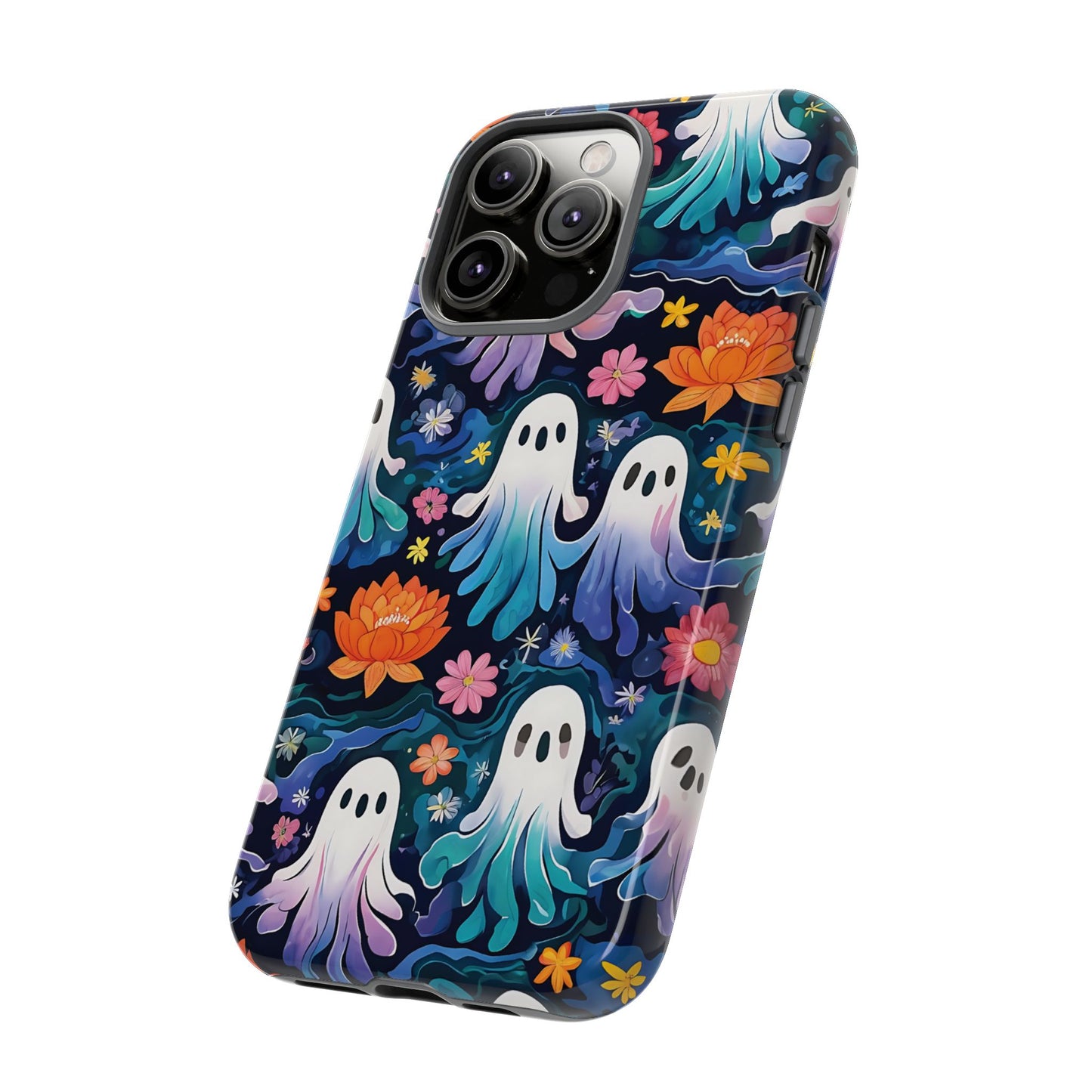 Whimsical Pattern Of Ghosts And Colorful Flowers phone case design.