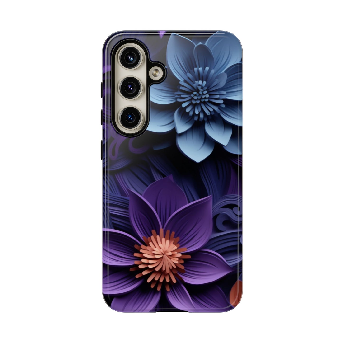 3D Floral Elegance Mobile Case – Midnight Blue & Purple Bloom