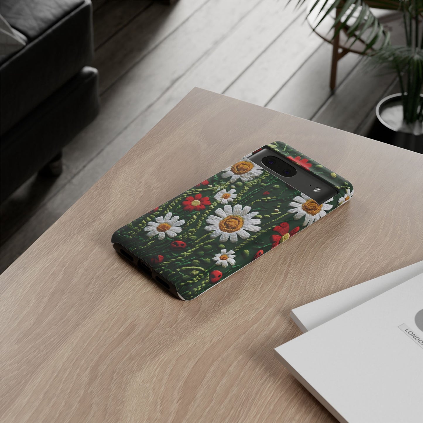 Knitted Pattern With Diamonds And Festive Motifs On Navy phone case design.