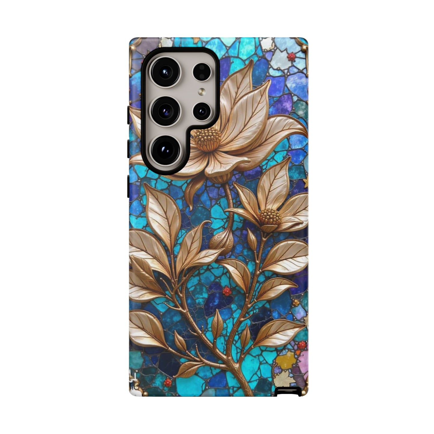 Golden Blossoms on Mosaic Blue Elegance