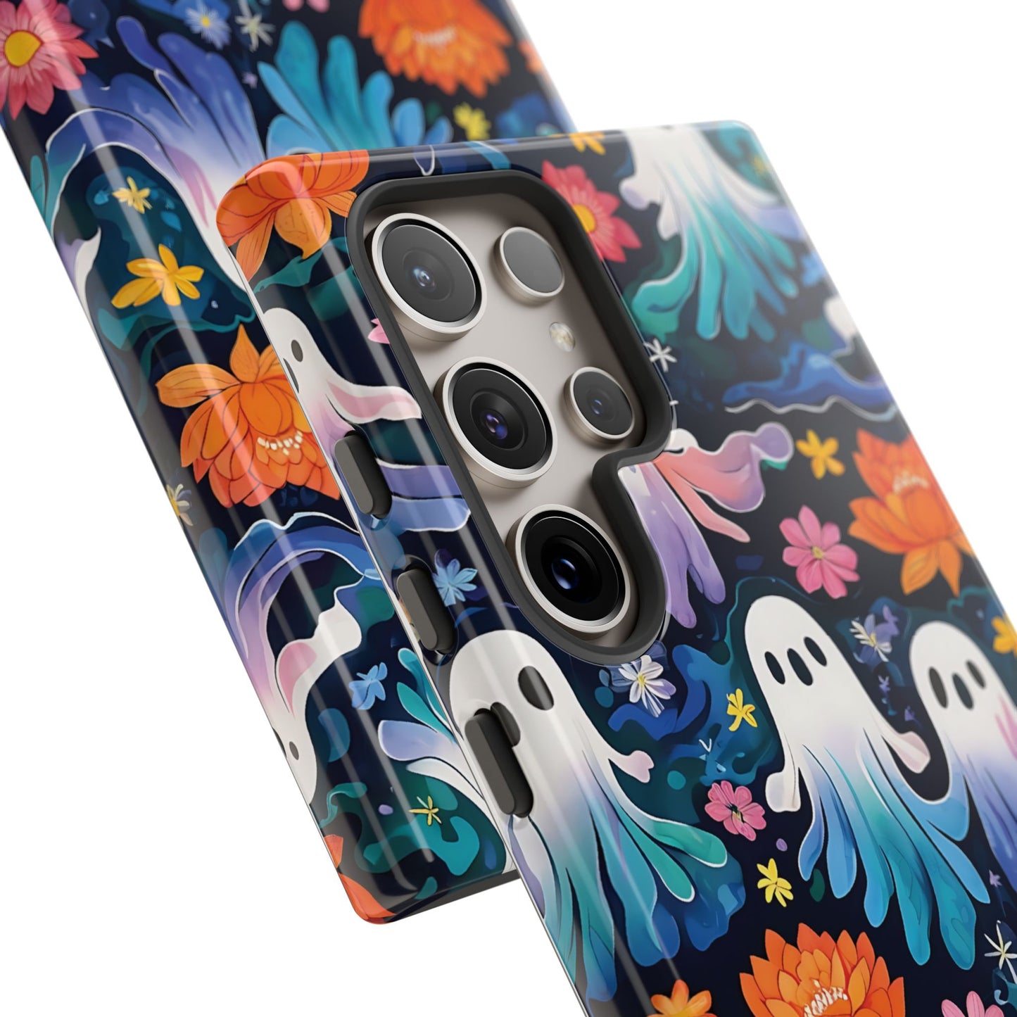 Whimsical Pattern Of Ghosts And Colorful Flowers phone case design.