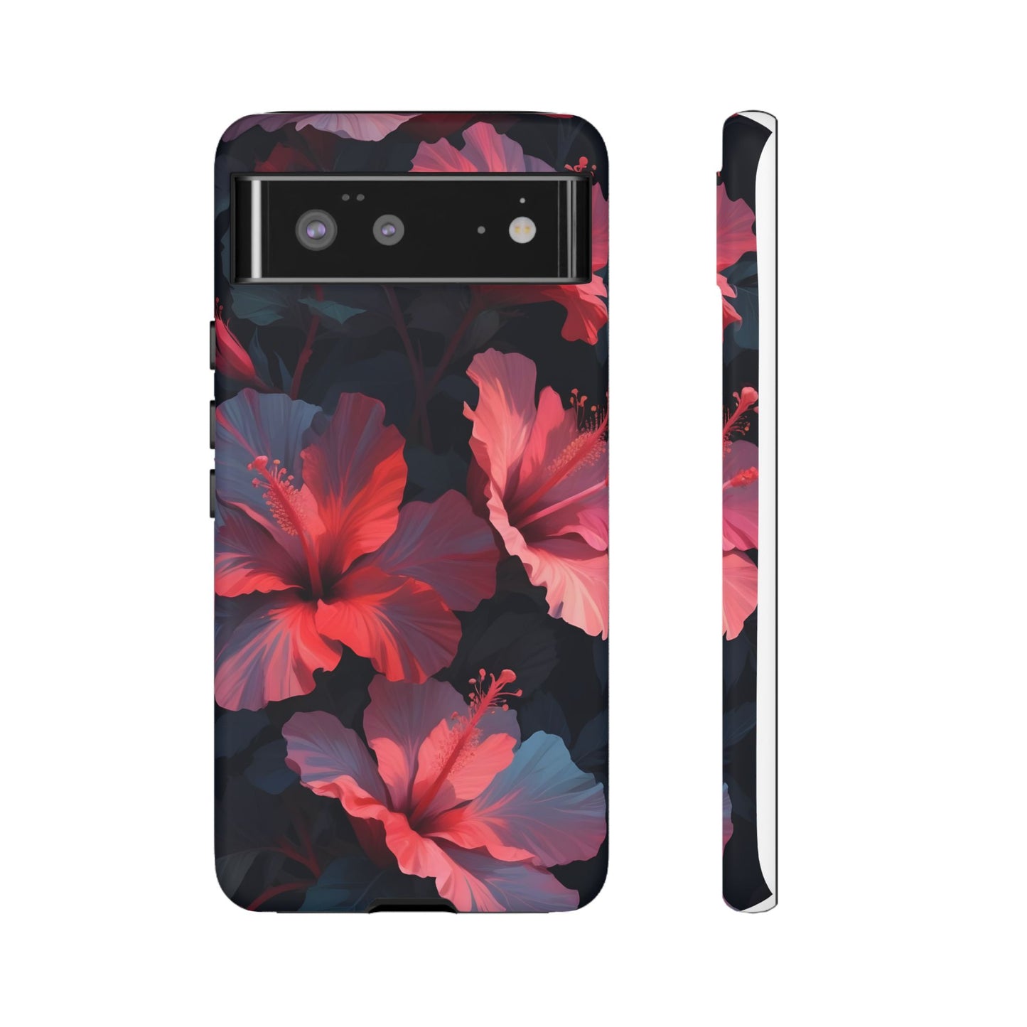 Vibrant red and pink hibiscus flowers blooming against a dark background| Floral phone case design