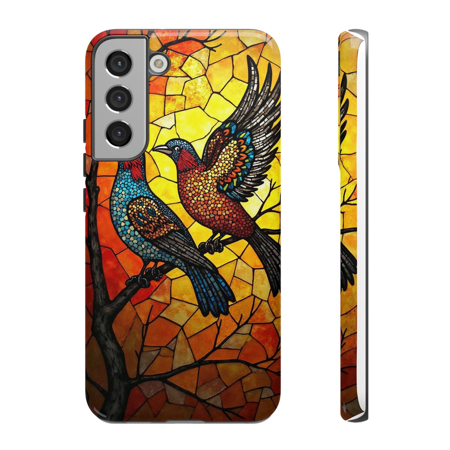 Vibrant Hummingbirds with Stained Glass Charm
