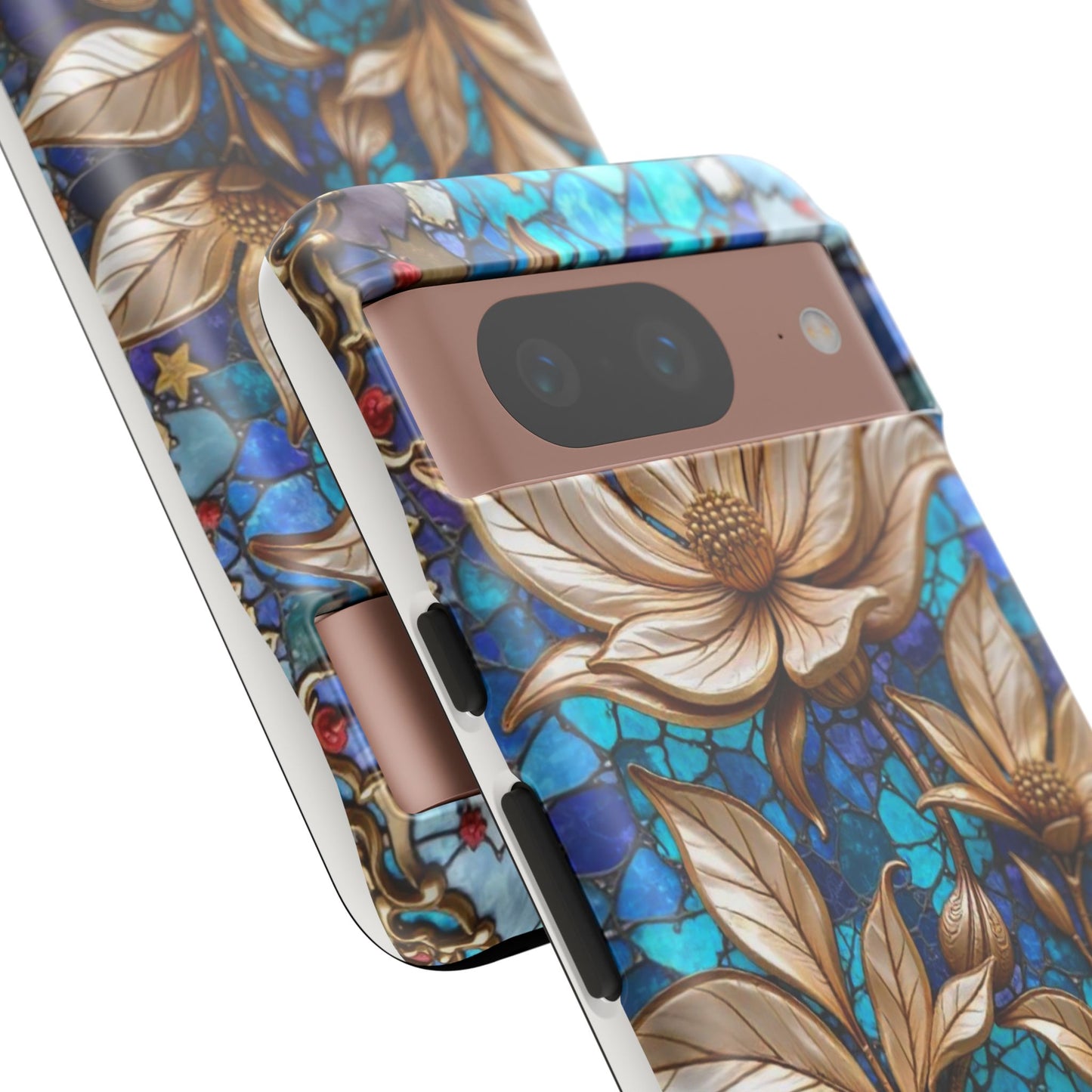 Golden Blossoms on Mosaic Blue Elegance