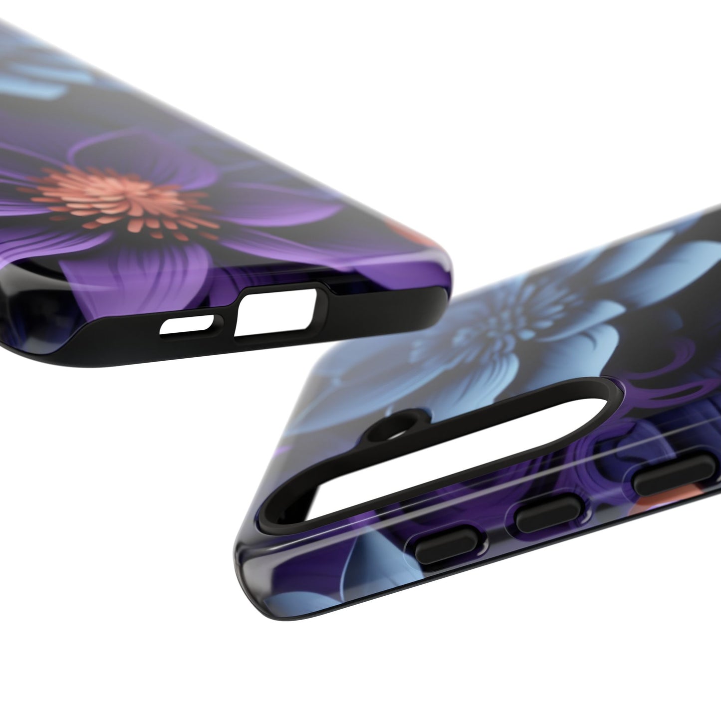 3D Floral Elegance Mobile Case – Midnight Blue & Purple Bloom