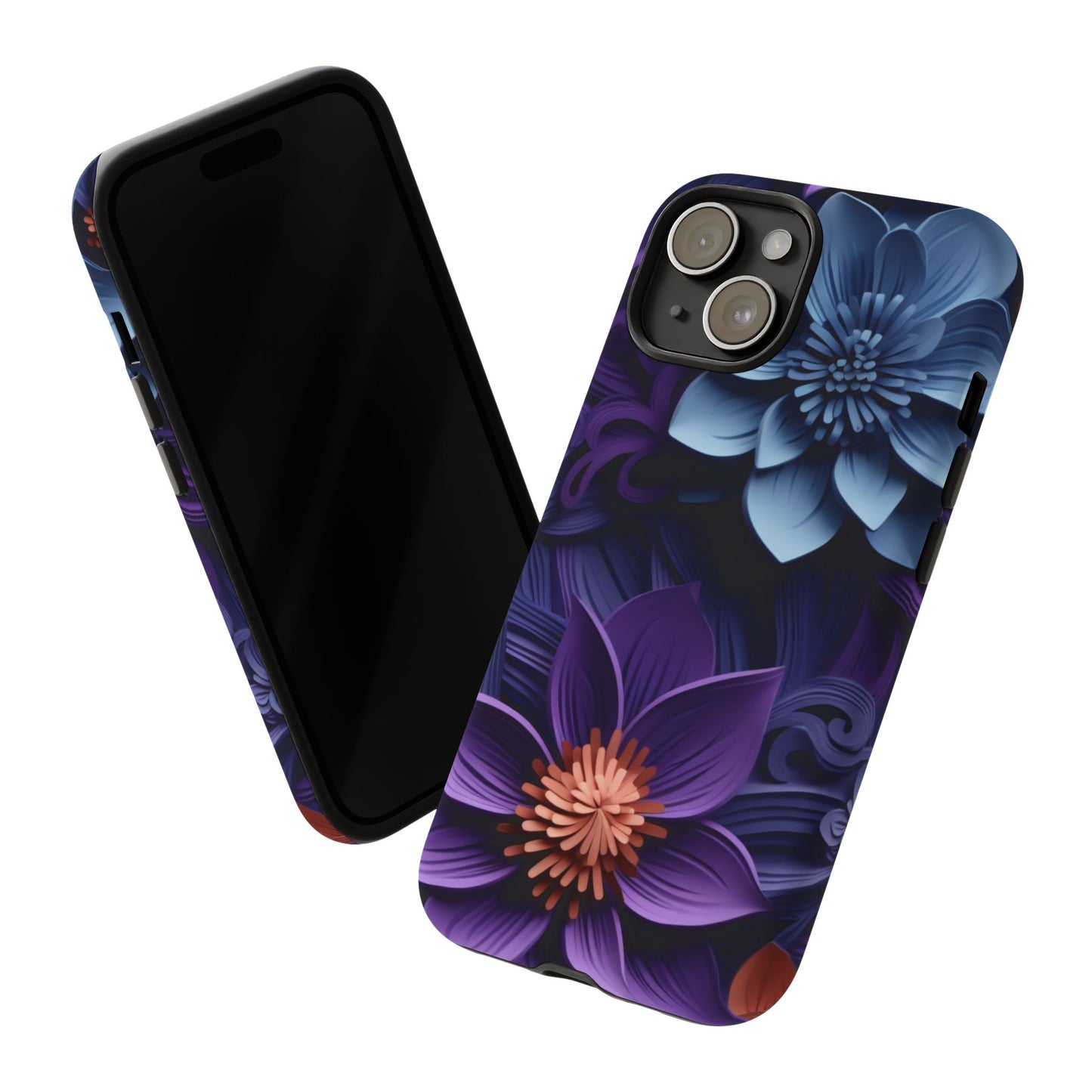 3D Floral Elegance Mobile Case – Midnight Blue & Purple Bloom