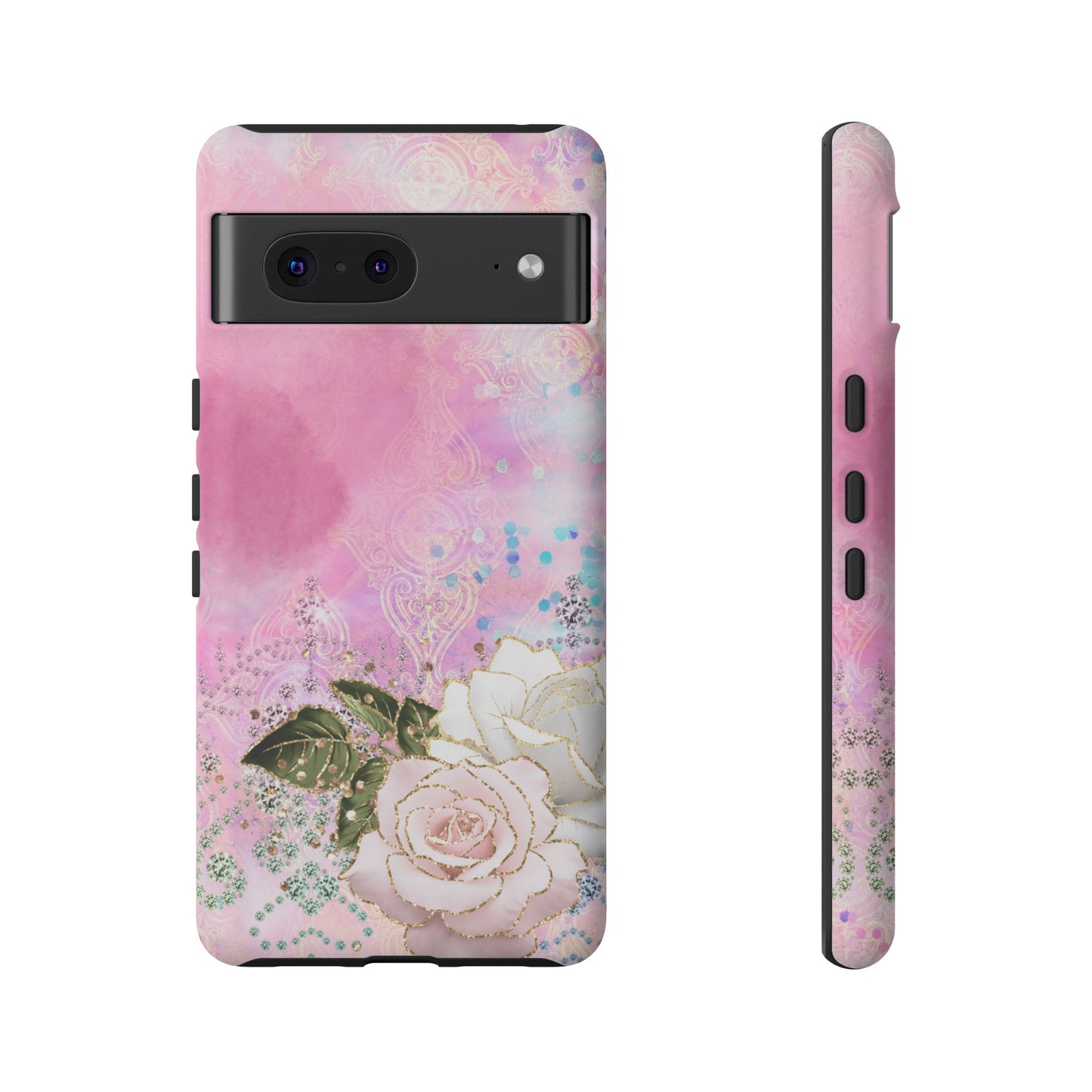 Luxury Pink & White Rose Glitter Mobile Case – Elegant & Shimmering Design