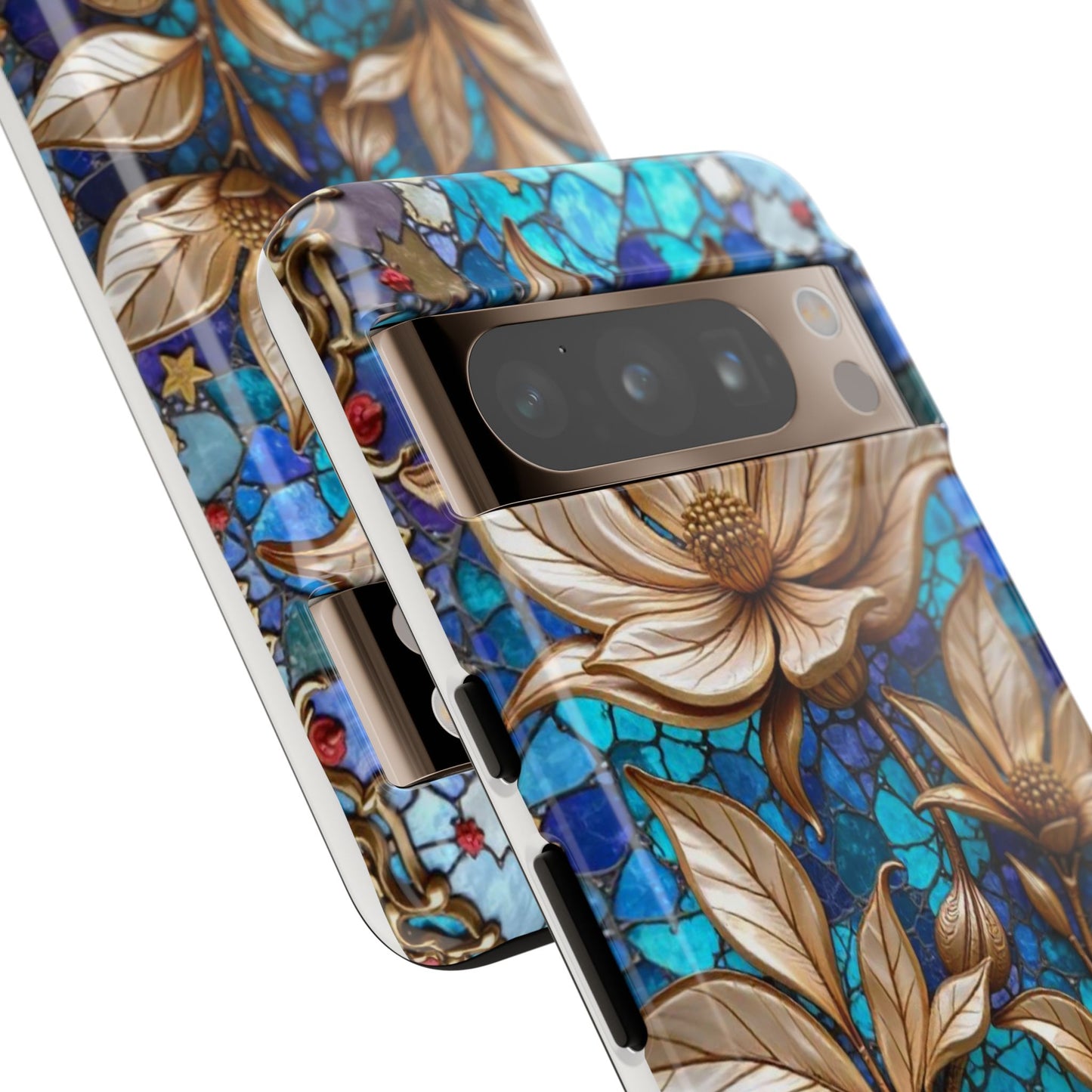 Golden Blossoms on Mosaic Blue Elegance
