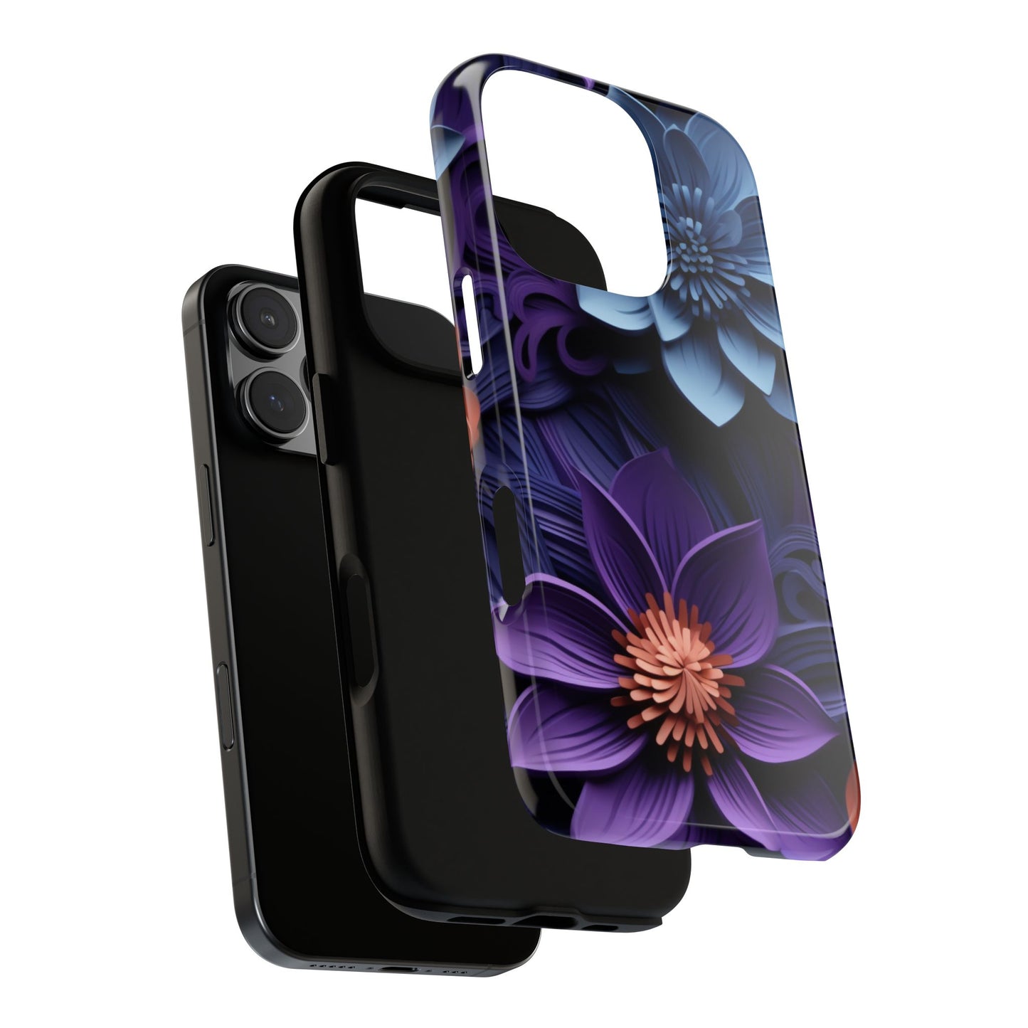 3D Floral Elegance Mobile Case – Midnight Blue & Purple Bloom
