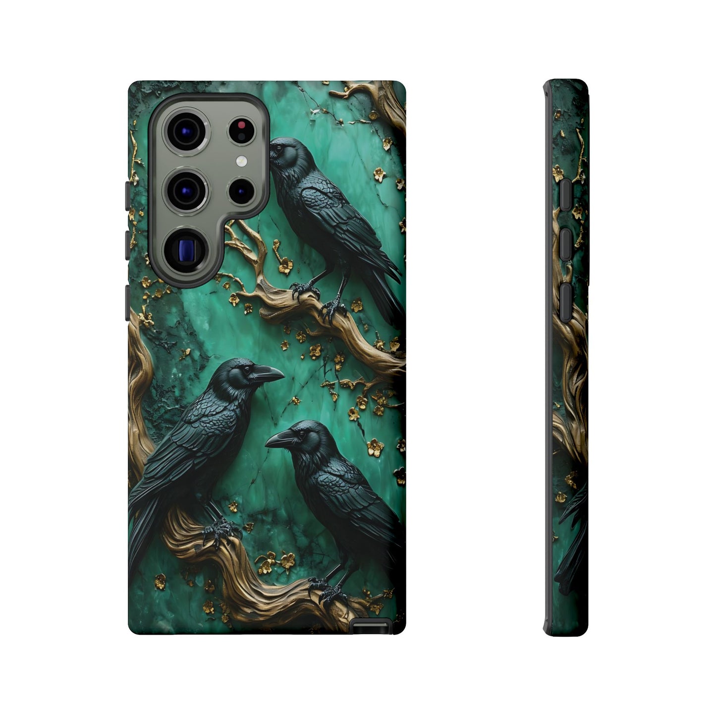 Three Black Ravens Perched On Gold-Accent Branches phone case design