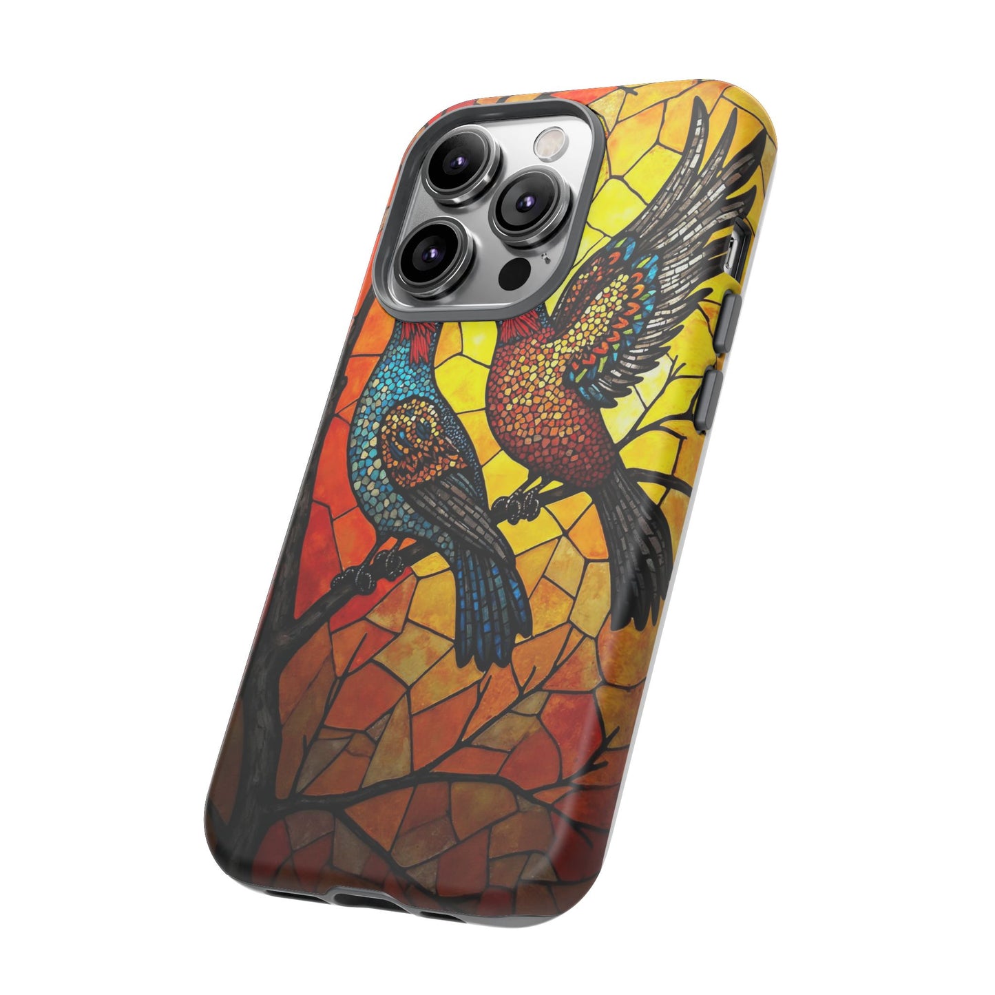 Vibrant Hummingbirds with Stained Glass Charm