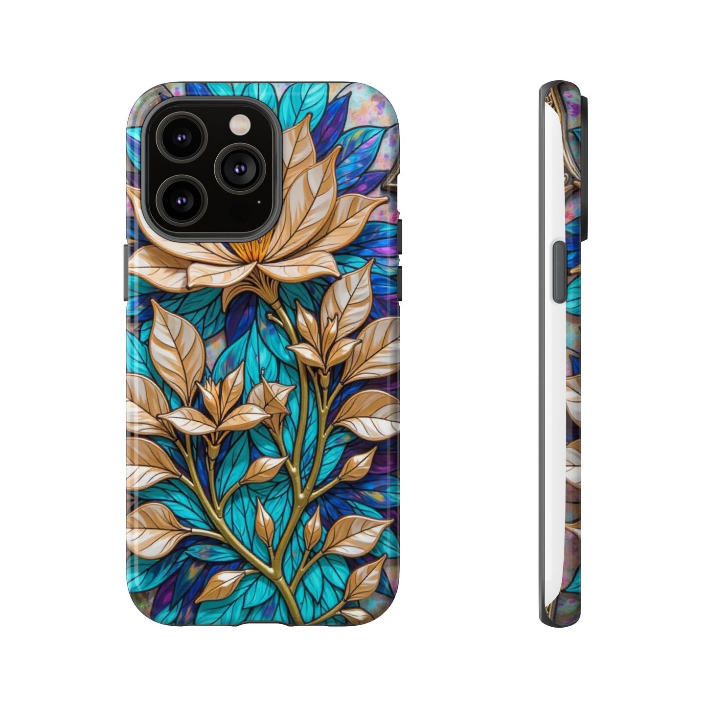 Majestic Golden Blossoms on Mosaic Blue Splendor