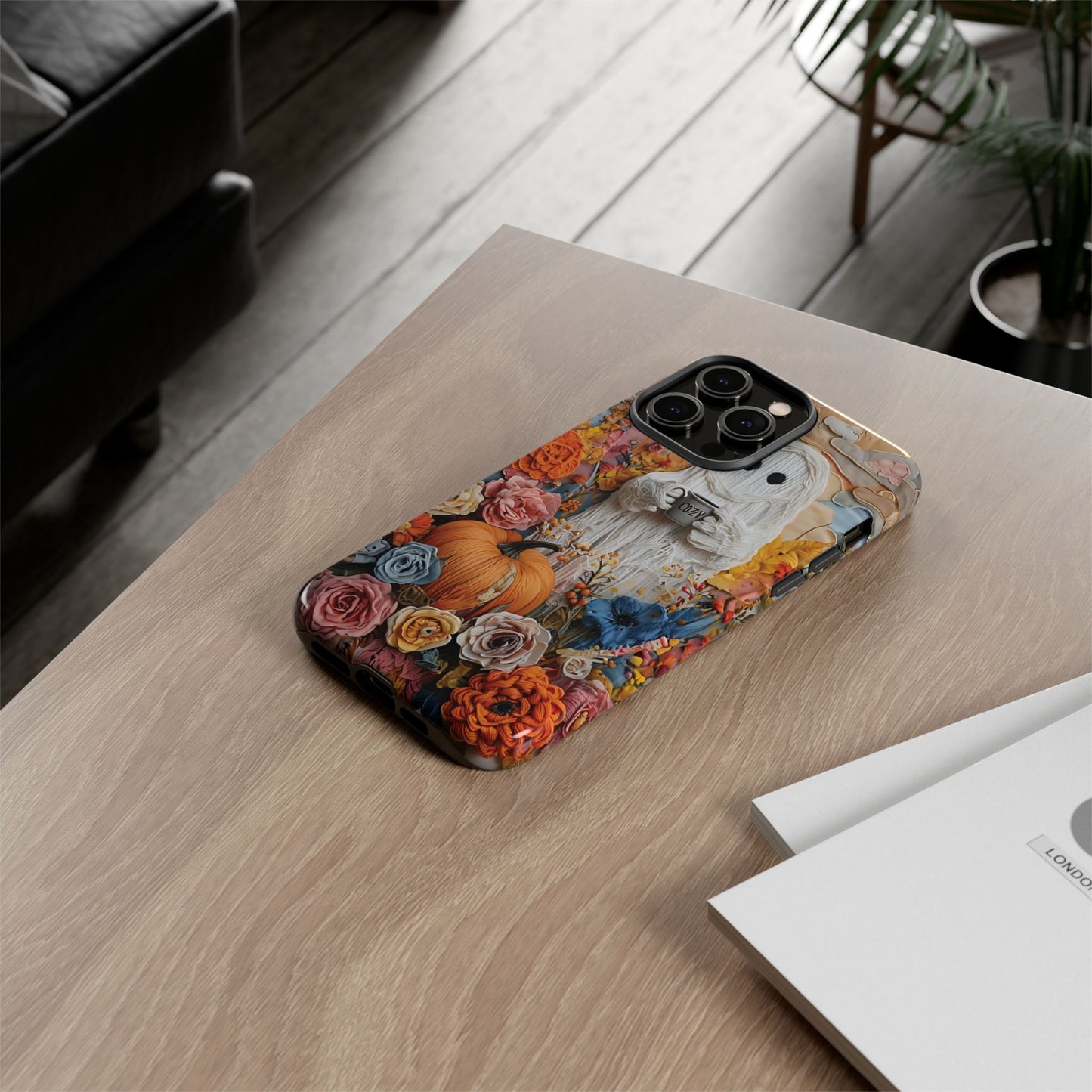 Colorful Whimsical Artwork of Ghost in Autumn Scene phone case design.