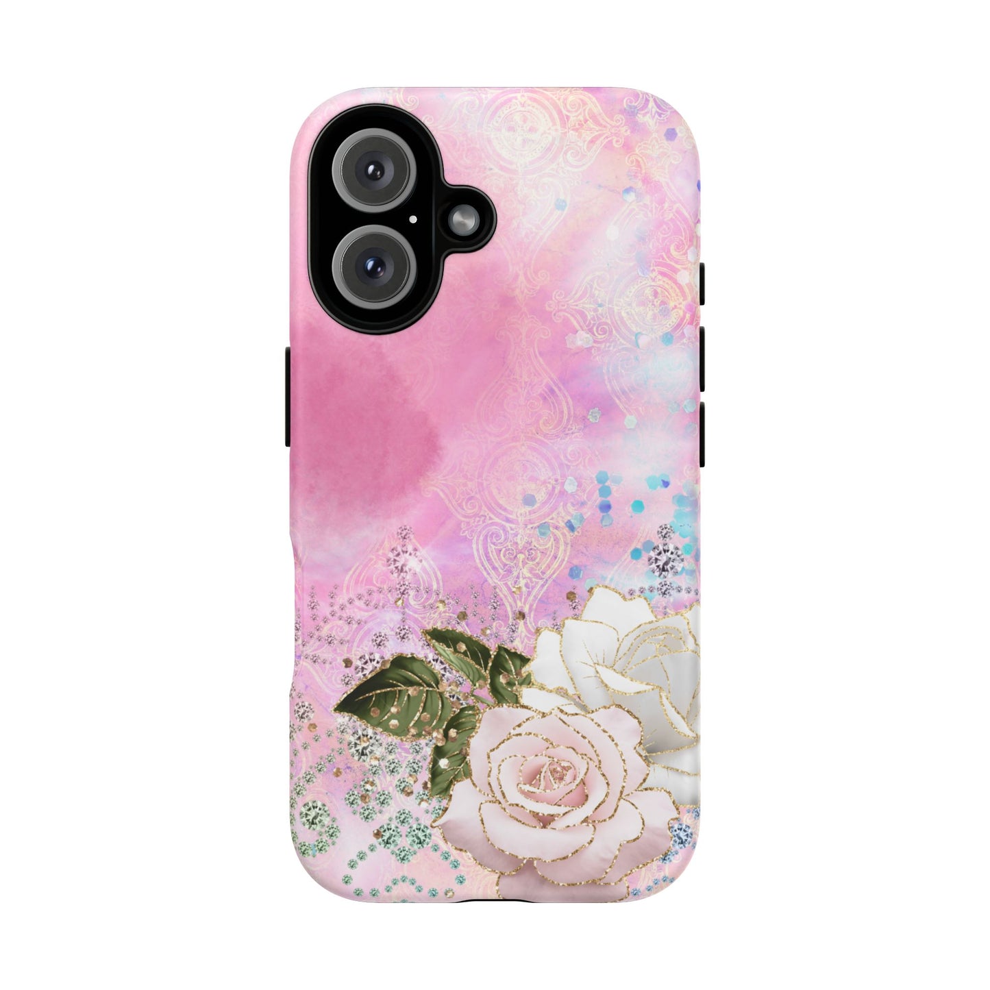 Luxury Pink & White Rose Glitter Mobile Case – Elegant & Shimmering Design