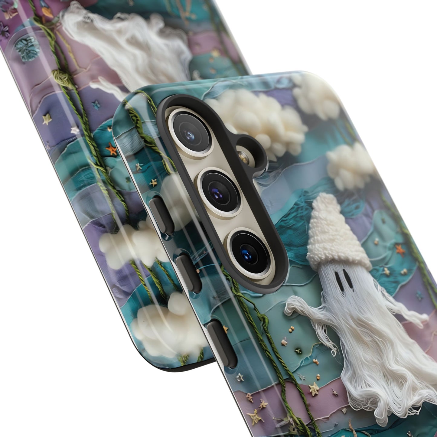 Whimsical Ghost Surrounded By Vibrant Embroidered Flowers phone case design.