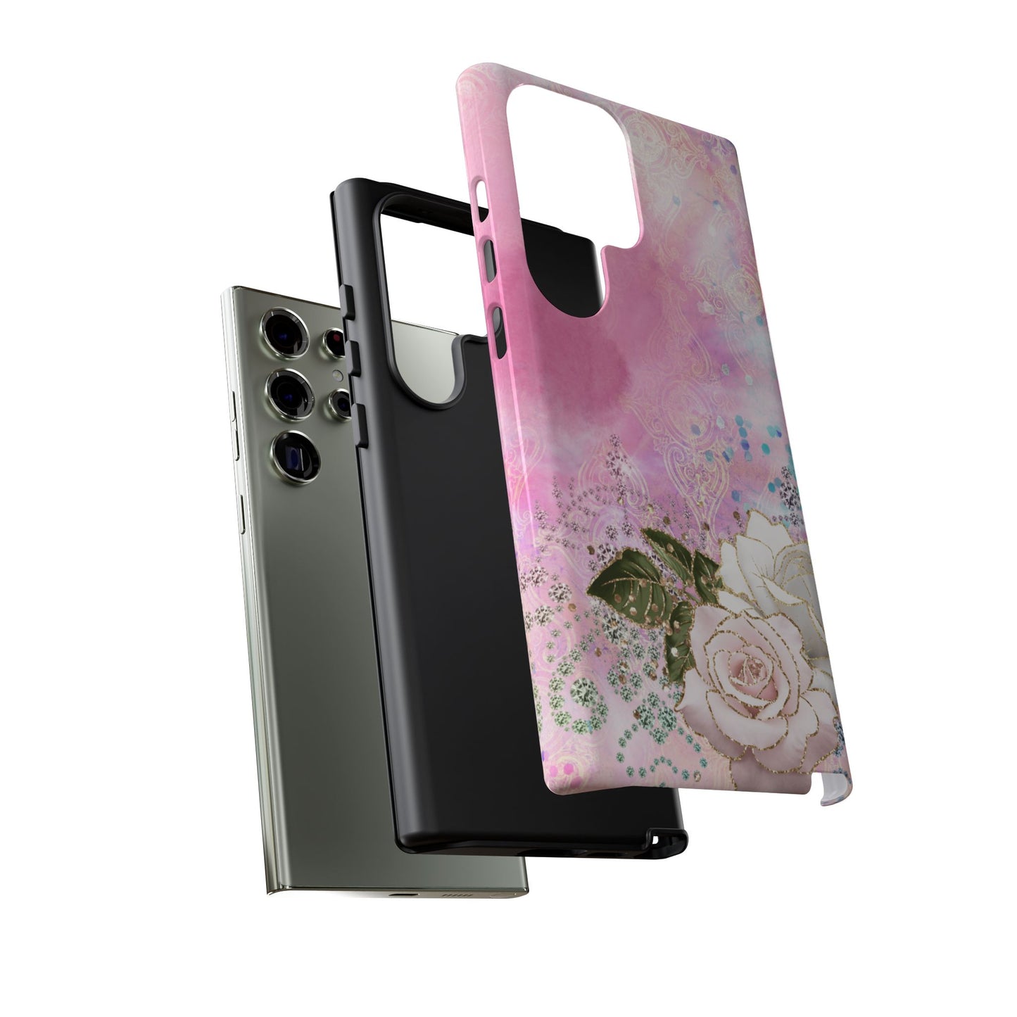 Luxury Pink & White Rose Glitter Mobile Case – Elegant & Shimmering Design