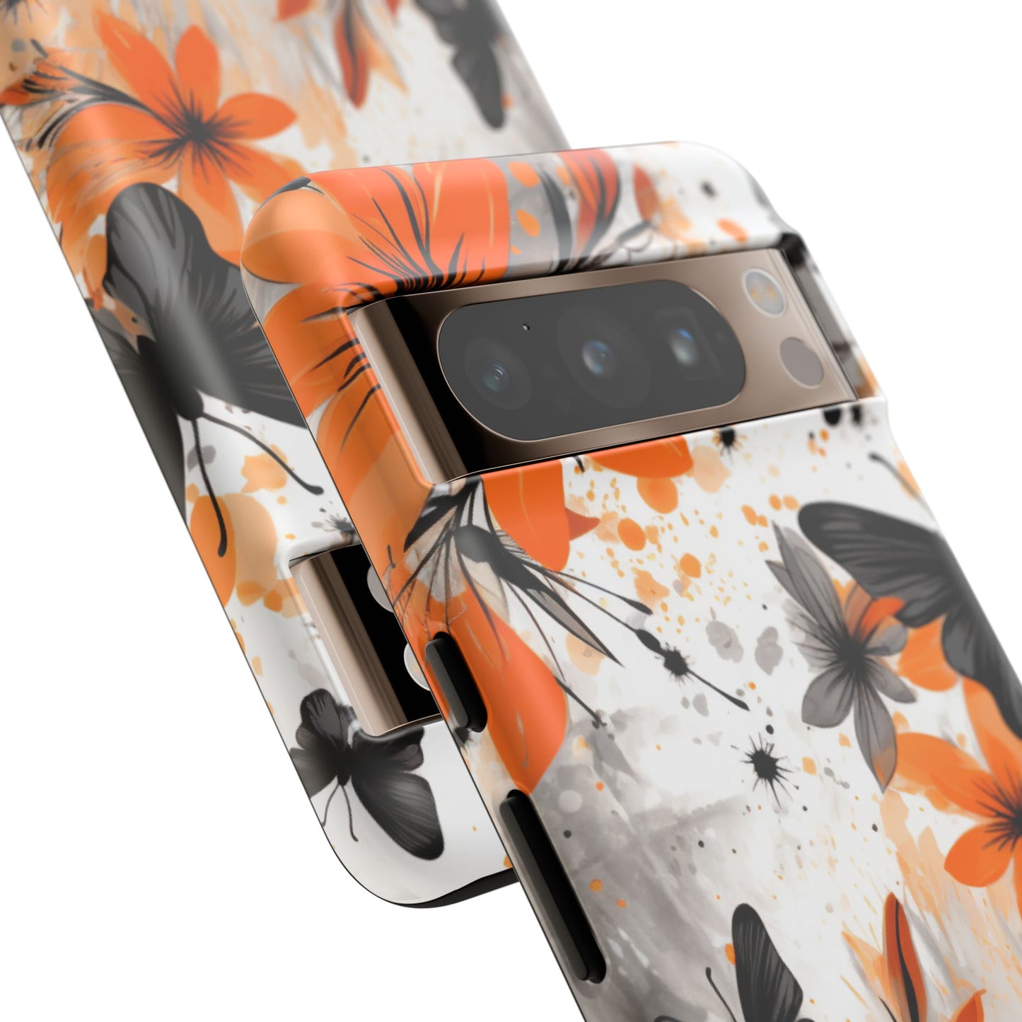 Bold Butterfly & Floral Splash Mobile Cover – Black & Orange Aesthetic