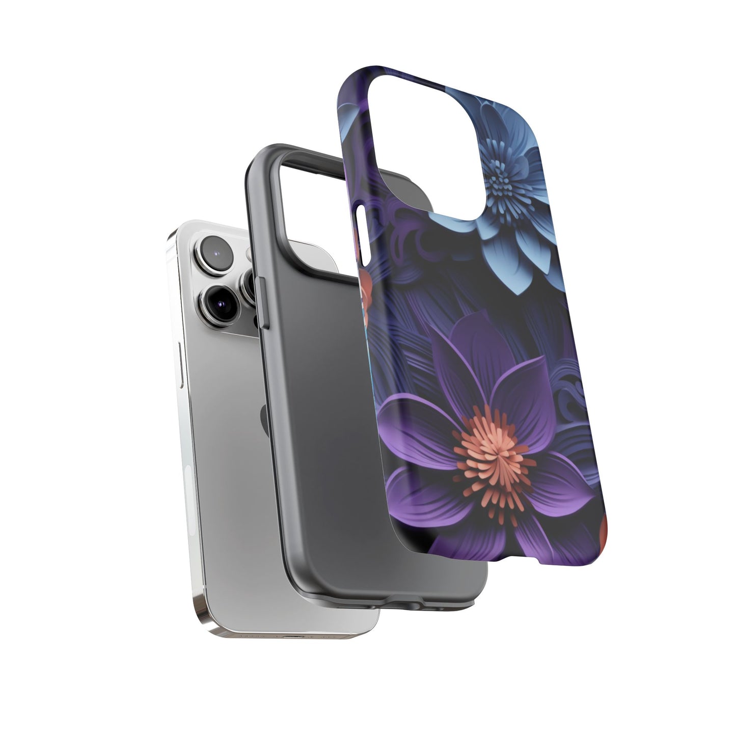 3D Floral Elegance Mobile Case – Midnight Blue & Purple Bloom