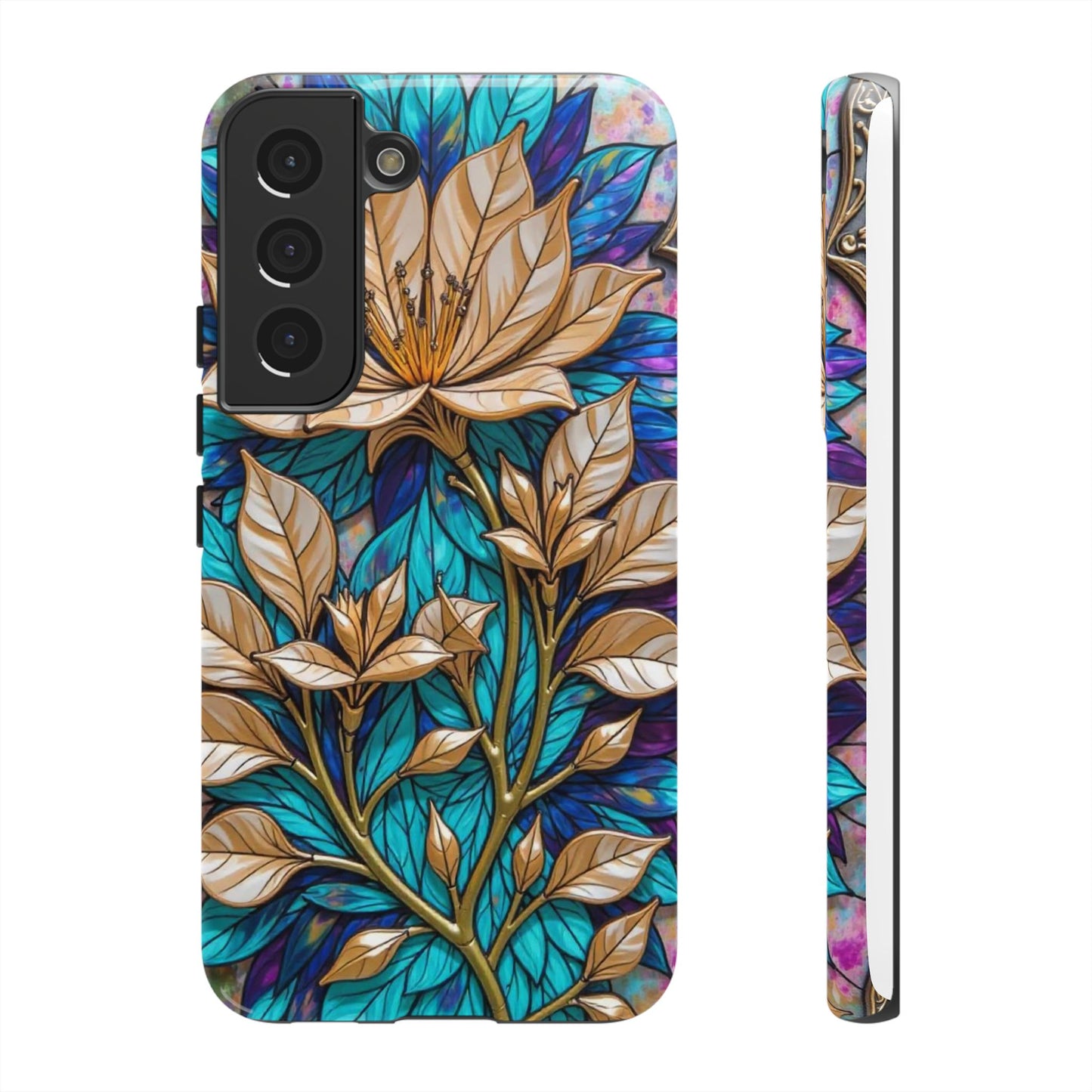 Majestic Golden Blossoms on Mosaic Blue Splendor