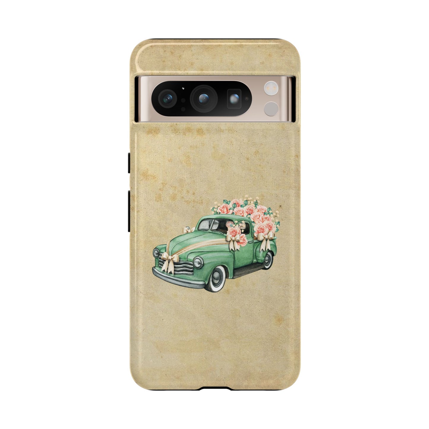 Minimal Vintage Floral Car Phone Case – Green Classic Car on Beige Background – for iPhone, Samsung & Google Pixel