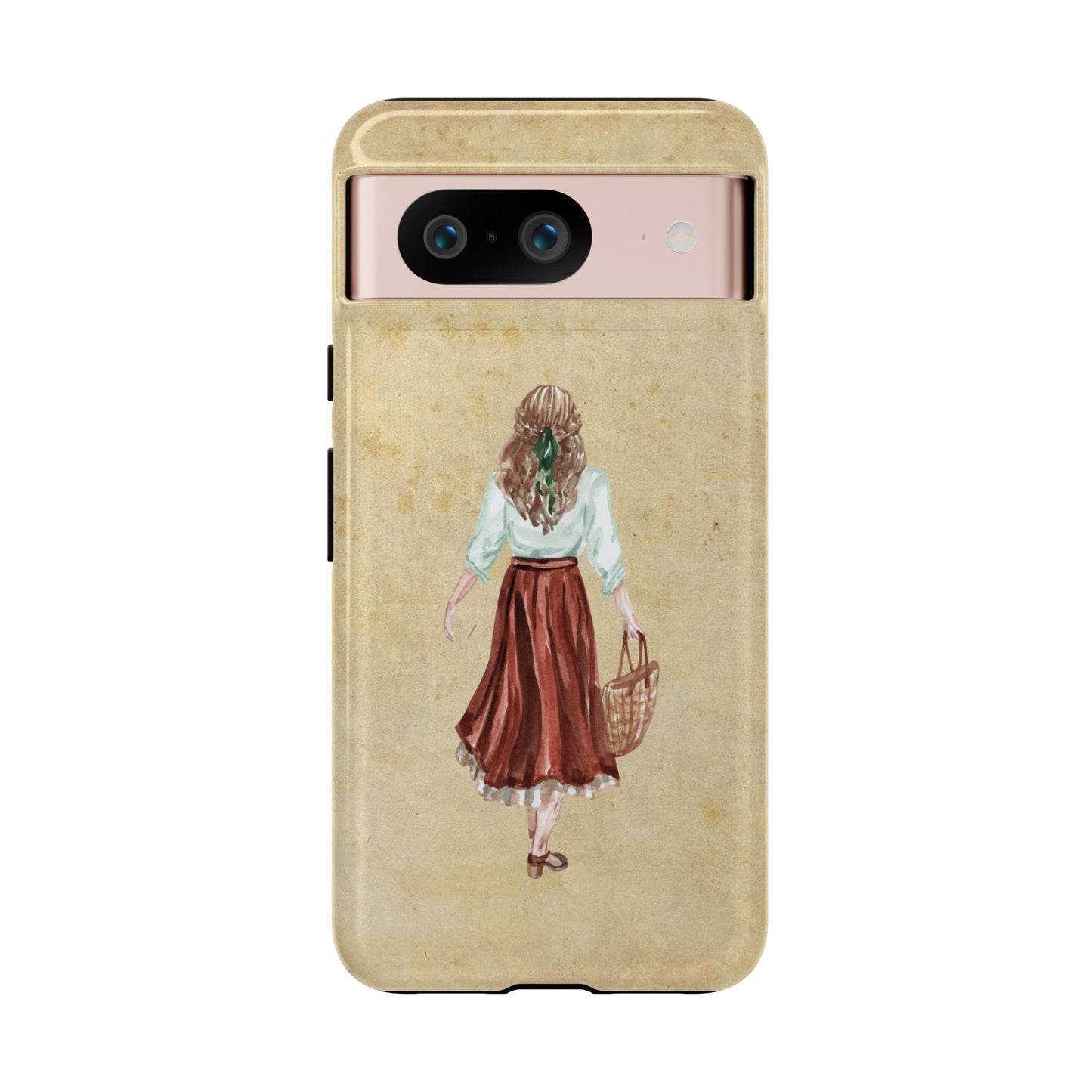 Minimal Vintage Girl with Bag Phone Case – Aesthetic Beige Design for iPhone, Samsung & Google Pixel
